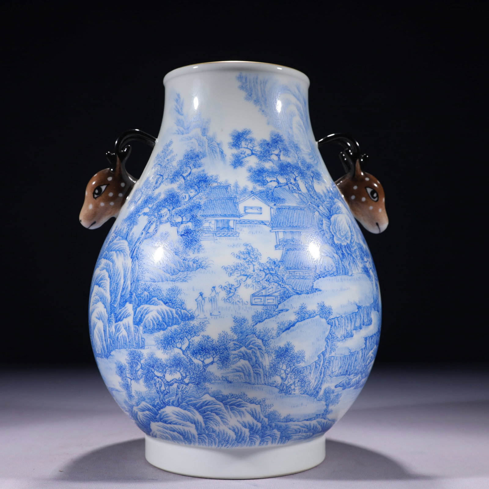 An Exquisite Sapphire Blue Glazed Painted Gold Landscape and Figure Pattern Deer-Ears Vase,with poem: An Exquisite Sapphire Blue Glazed Painted Gold Landscape and Figure Pattern Deer-Ears Vase,with poem ??????????????,???,????,?????