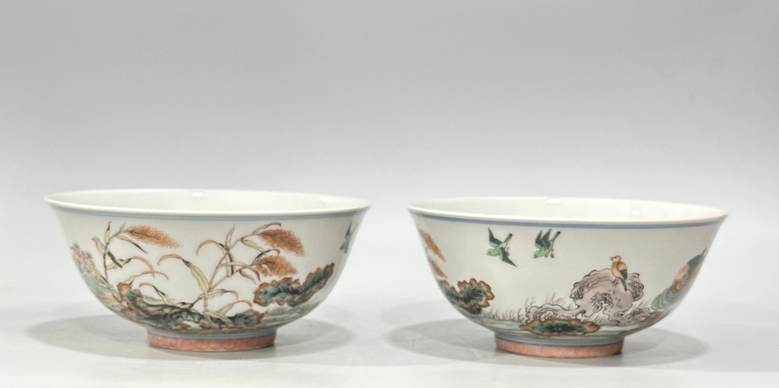 A Pair of Exquisite Wucai Flower and Bird Pattern Bowls: A Pair of Exquisite Wucai Flower and Bird Pattern Bowls,Qing Dynasty,China,Size:2.7inx5.9in 一对五彩花鸟纹碗,中国清代
