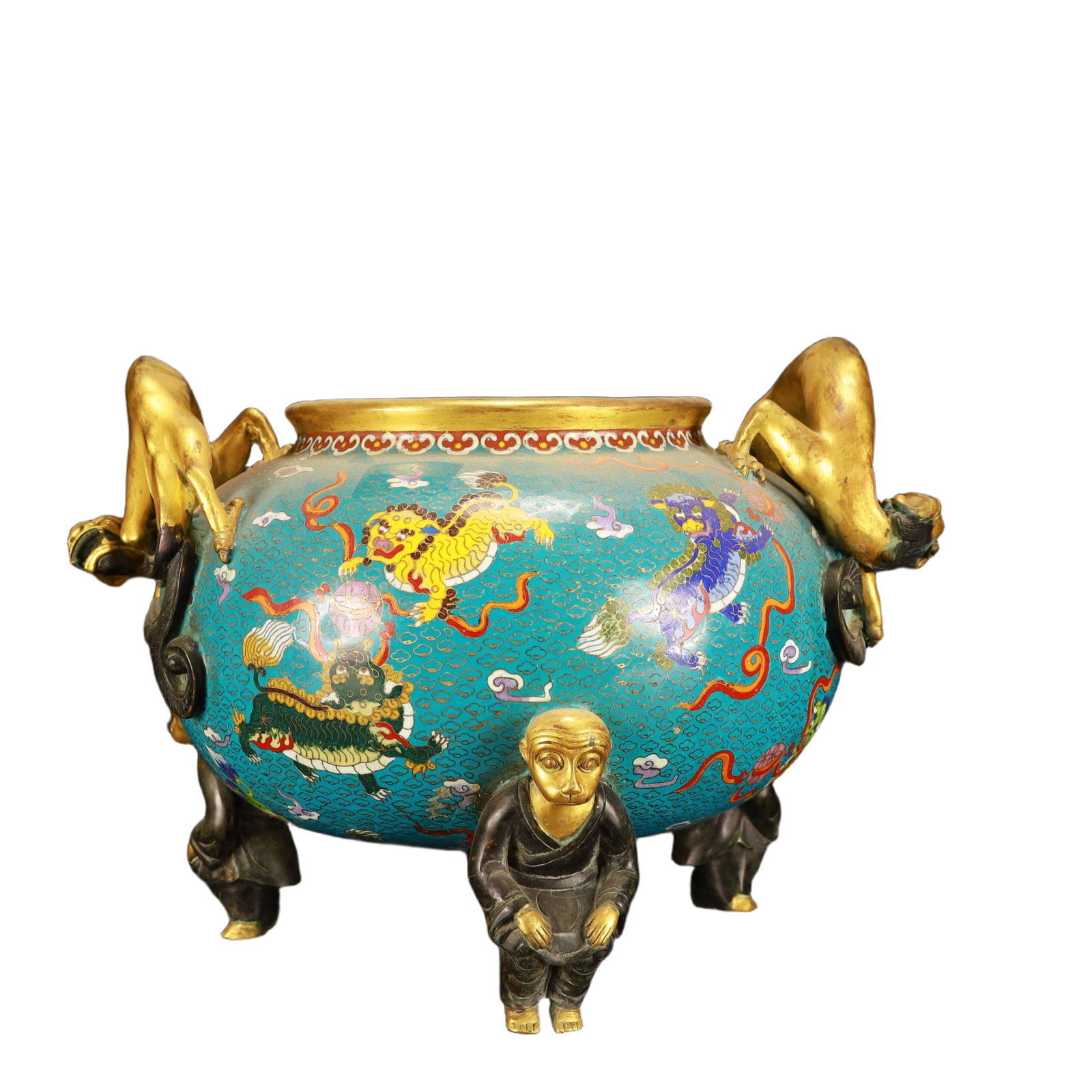 A Huge Cloisonne Kylin Pattern Dragon-Ears Tripod Censer: A Huge Cloisonne Kylin Pattern Dragon-Ears Tripod Censer,(A type of enamelware with metal wires separating colored glaze, originating in China),Qing Dynasty,China,Yongzheng Four-character
