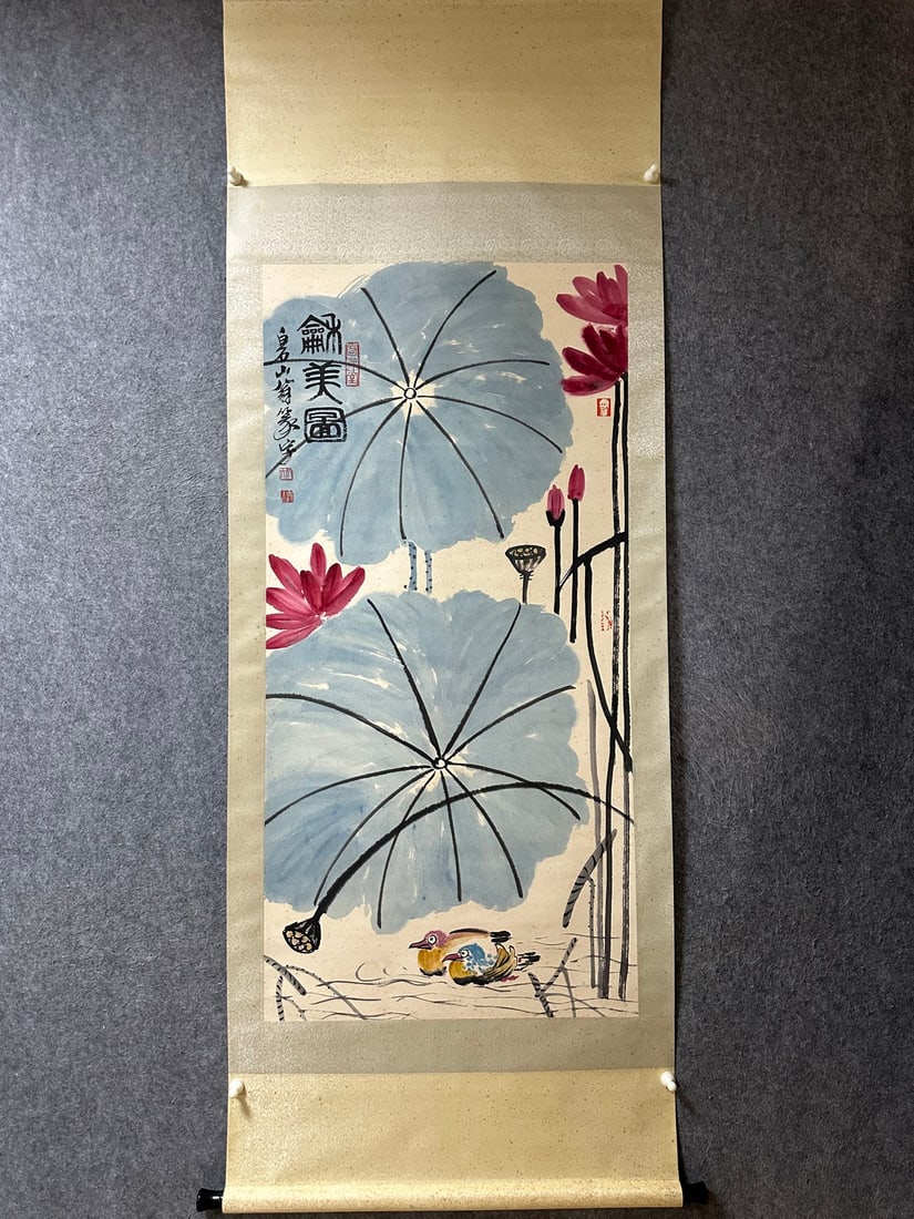 An Exquisite Chinese Vertical Scroll Ink Painting of Flower on Paper (1 of 9)