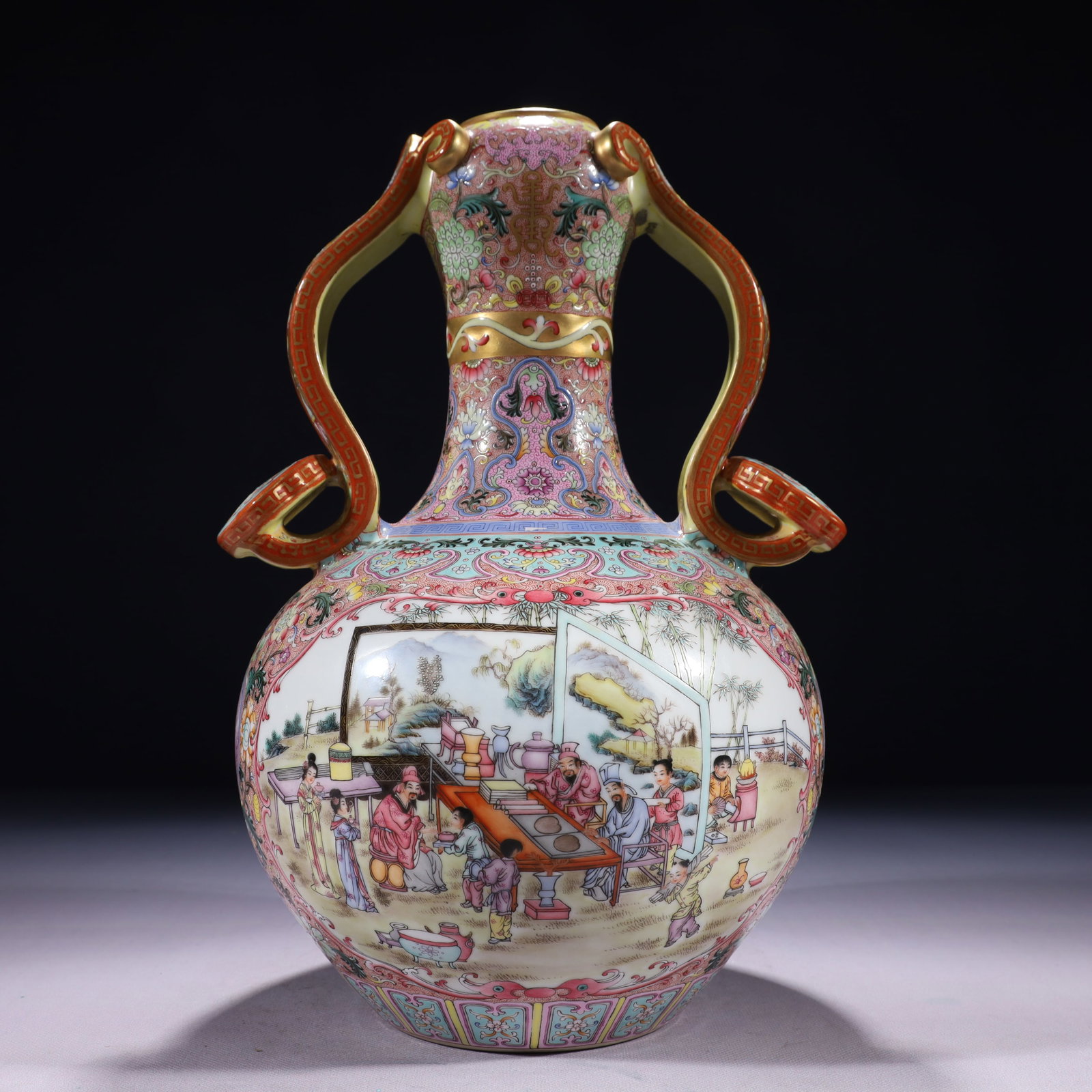 An Exquisite Famille-Rose Painted Gold Character and Story Pattern Double-Ears Vase: An Exquisite Famille-Rose Painted Gold Character and Story Pattern Double-Ears Vase