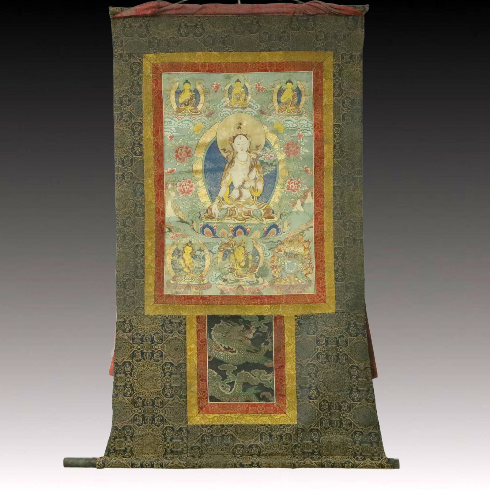 A Rare Brocade Painted Color Statue of White Tara Tangka: A Rare Brocade Painted Color Statue of White Tara Tangka,Qing Dynasty, China,Size:32.7inx54.7in