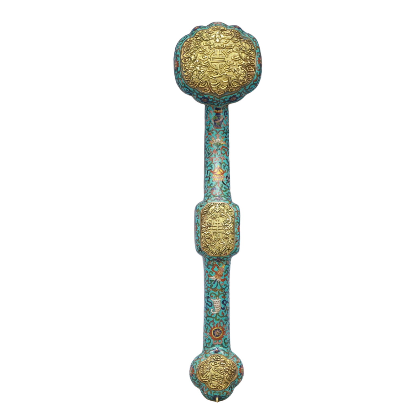 An Exquisite Cloisonne Flower Pattern Ruyi Ornament: An Exquisite Cloisonne Flower Pattern Ruyi Ornament,Qing Dynasty, China,Size：17.7inx4.3inx3.5in; Weight：1000g