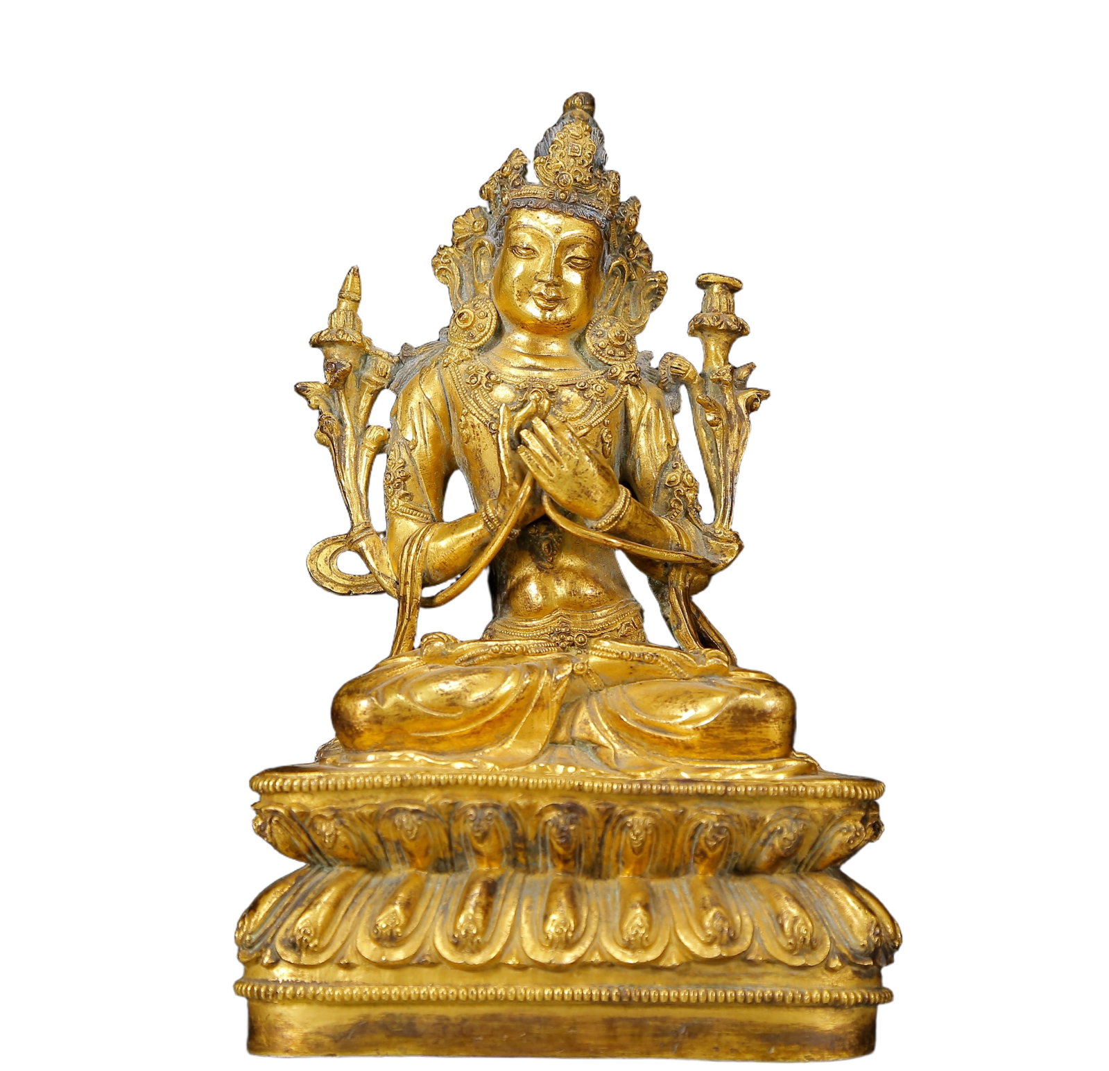 A Solemn Gilt Bronze Statue of Manjusri: A Solemn Gilt Bronze Statue of Manjusri,Ming Dynasty, China,Size:5.9inx3.9inx8.7in,Weight:2625g 铜鎏金文殊菩萨像，明代