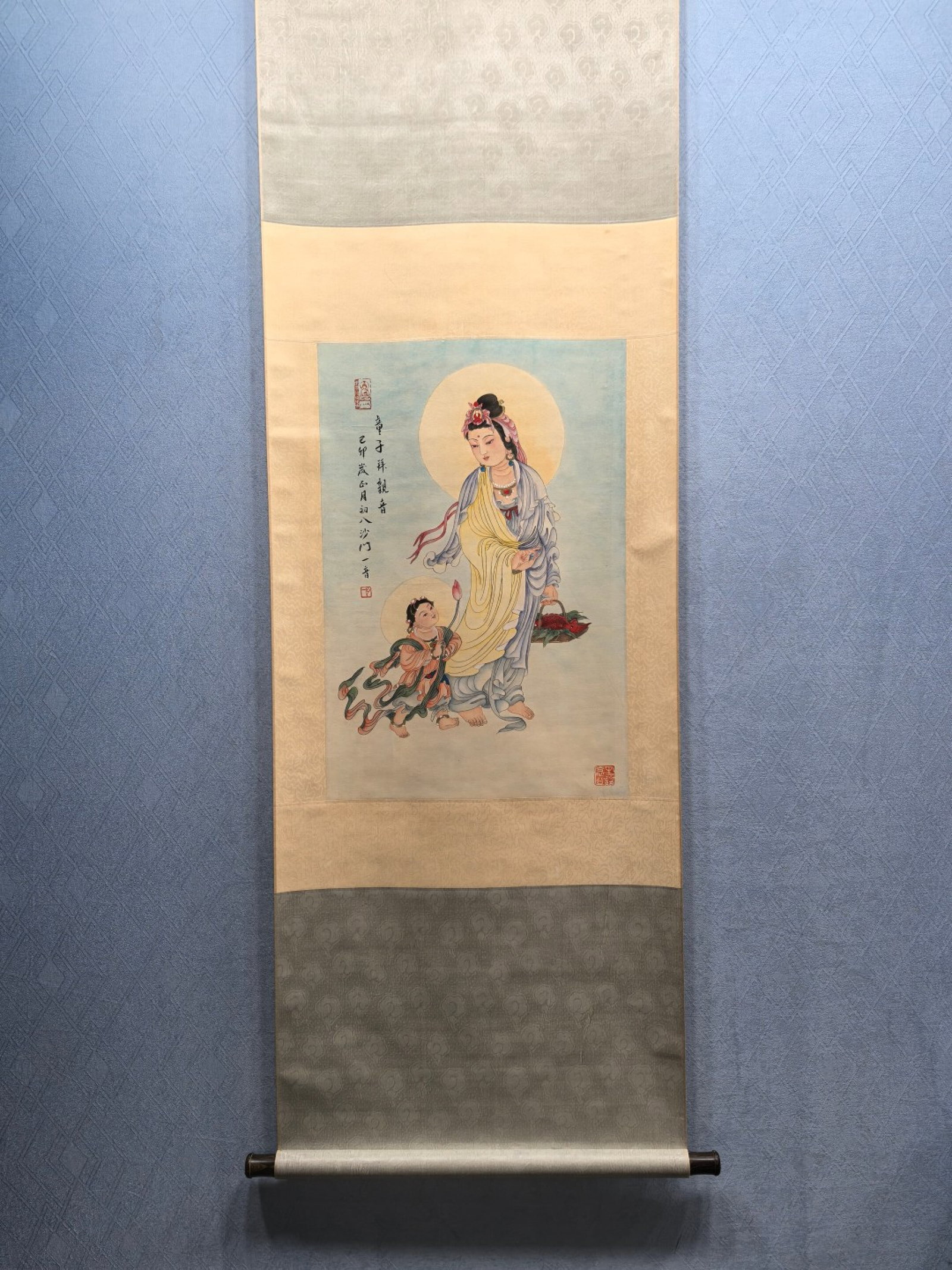 A Chinese Vertical Scroll Ink Painting of Statue of Avalokitesvara on Paper,Hong Yi: A Chinese Vertical Scroll Ink Painting of Statue of Avalokitesvara on Paper,Hong Yi,Size:(Without frame)17.3inx25.8in