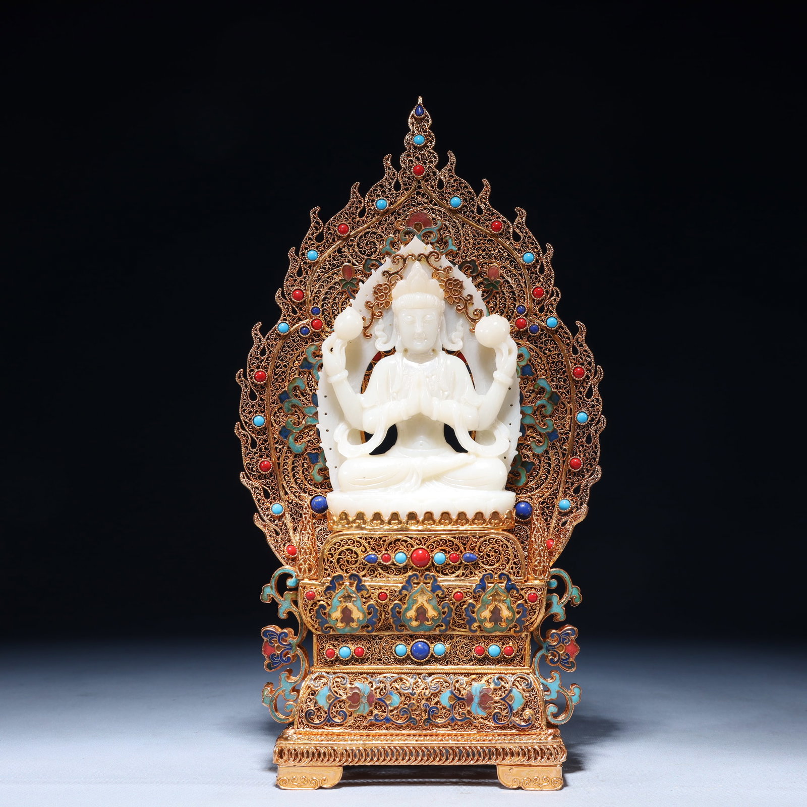 An Exquisite Filigree and Gilding Inlaid White Jade Buddha Statue, Inlaid Gems: An Exquisite Filigree and Gilding Inlaid White Jade Buddha Statue, Inlaid Gems, Qing Dynasty,China, Qianlong Four-character Mark, Size:5.1inx2inx12.6in,Weight:950g
