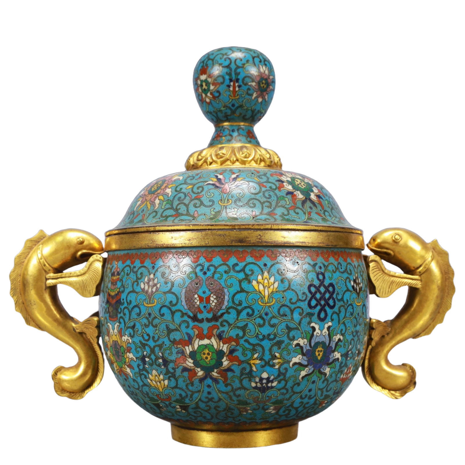 An Exquisite Cloisonne Lotus Pattern Fish-Ears Censer: An Exquisite Cloisonne Lotus Pattern Fish-Ears Censer,Qing Dynasty, China,Qianlong Four-character Mark,Size:11.8inx7.1inx10.2in,Weight:2750g