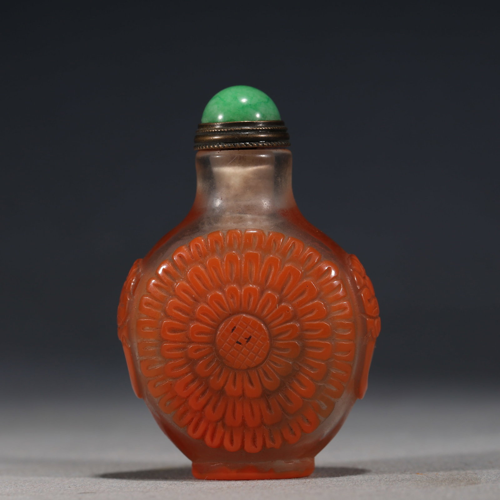 An Exquisite Overlaid Orange Glass Snuff Bottle With Chrysanthemum Pattern: An Exquisite Overlaid Orange Glass Snuff Bottle With Chrysanthemum Pattern,China,Qing Dynasty,Four-Character Guangxu