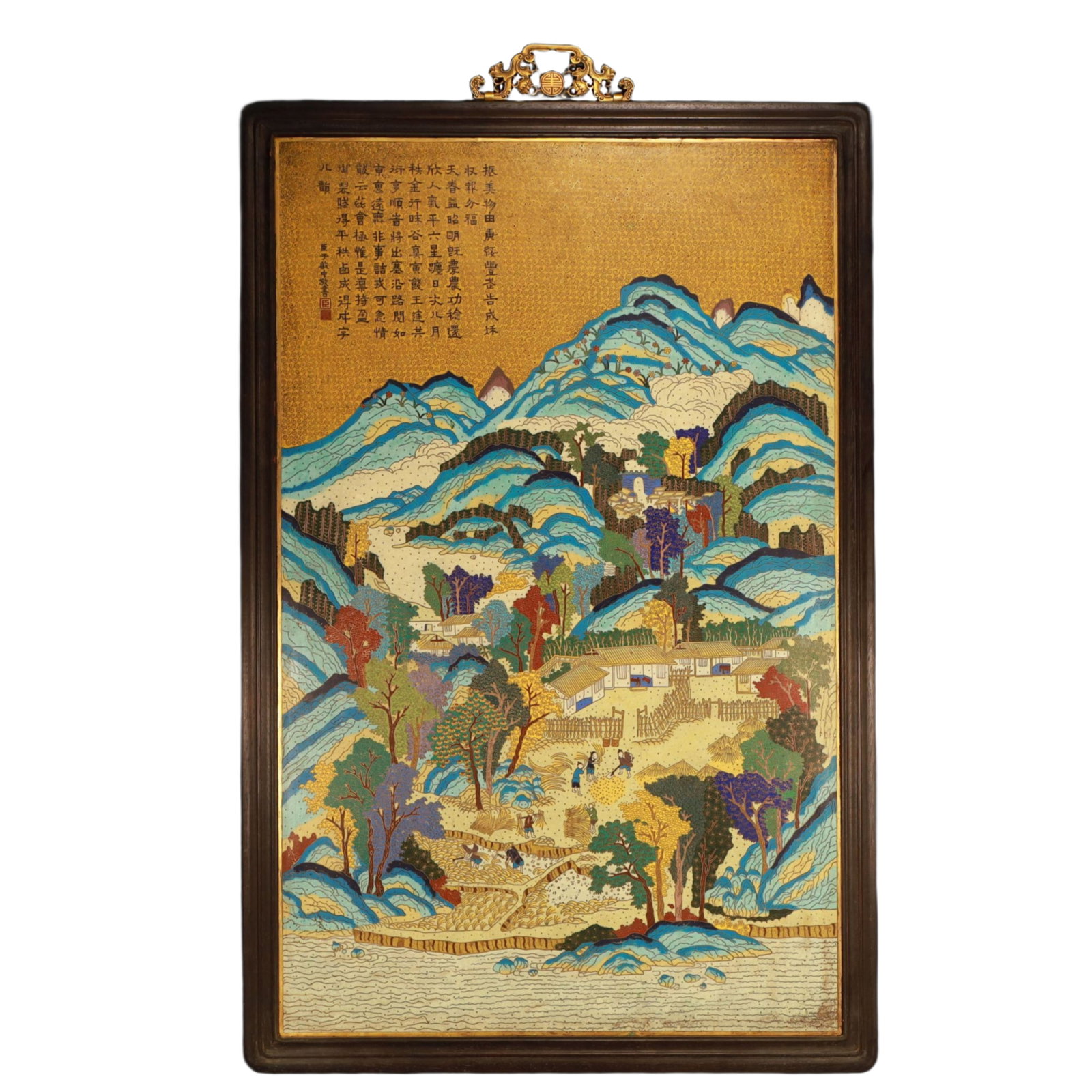 A Huge Cloisonne Landscape and Figure Pattern Hanging Panel,With Poem: A Huge Cloisonne 山Landscape and Figure Pattern Hanging Panel,With Poem,Qing Dynasty, China,Size:26.4inx40.2in,Weight:12700g