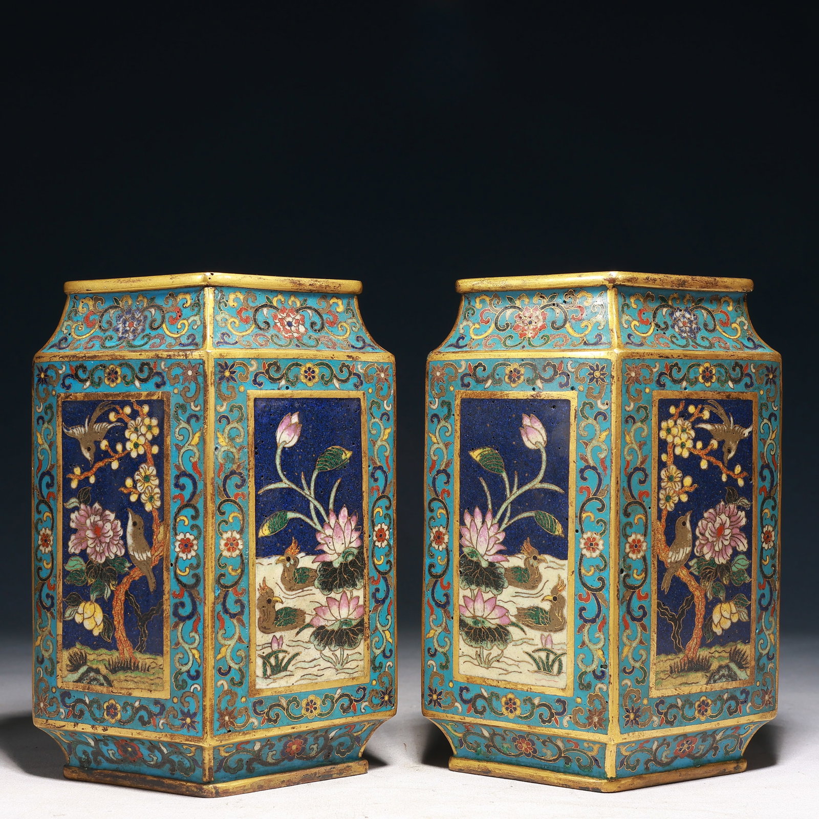 A Pair of Exquisite Cloisonne Flower Pattern Vases: A Pair of Exquisite Cloisonne Flower Pattern Vases,Qing Dynasty,China,Qianlong Four-character Mark,Size:5.5inx3.5inx7.5in,Weight:2450g