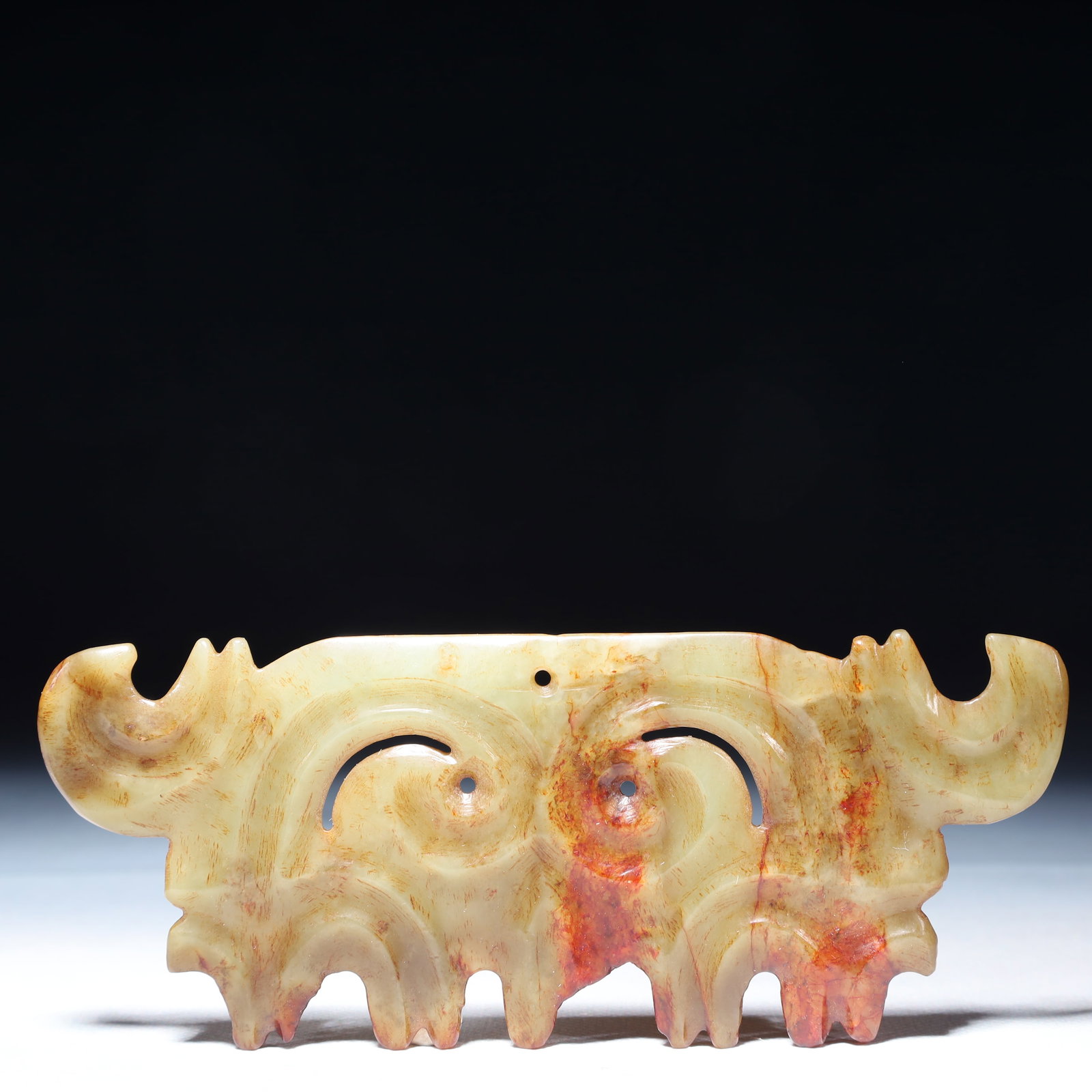 An Archaic Hongshan Culture Greenish Jade Beast-Face Pattern Pendant: An Archaic Hongshan Culture Greenish Jade Beast-Face Pattern Pendant,Ancient Time,China,Size:5.9inx2.4in,Weight:2.62g