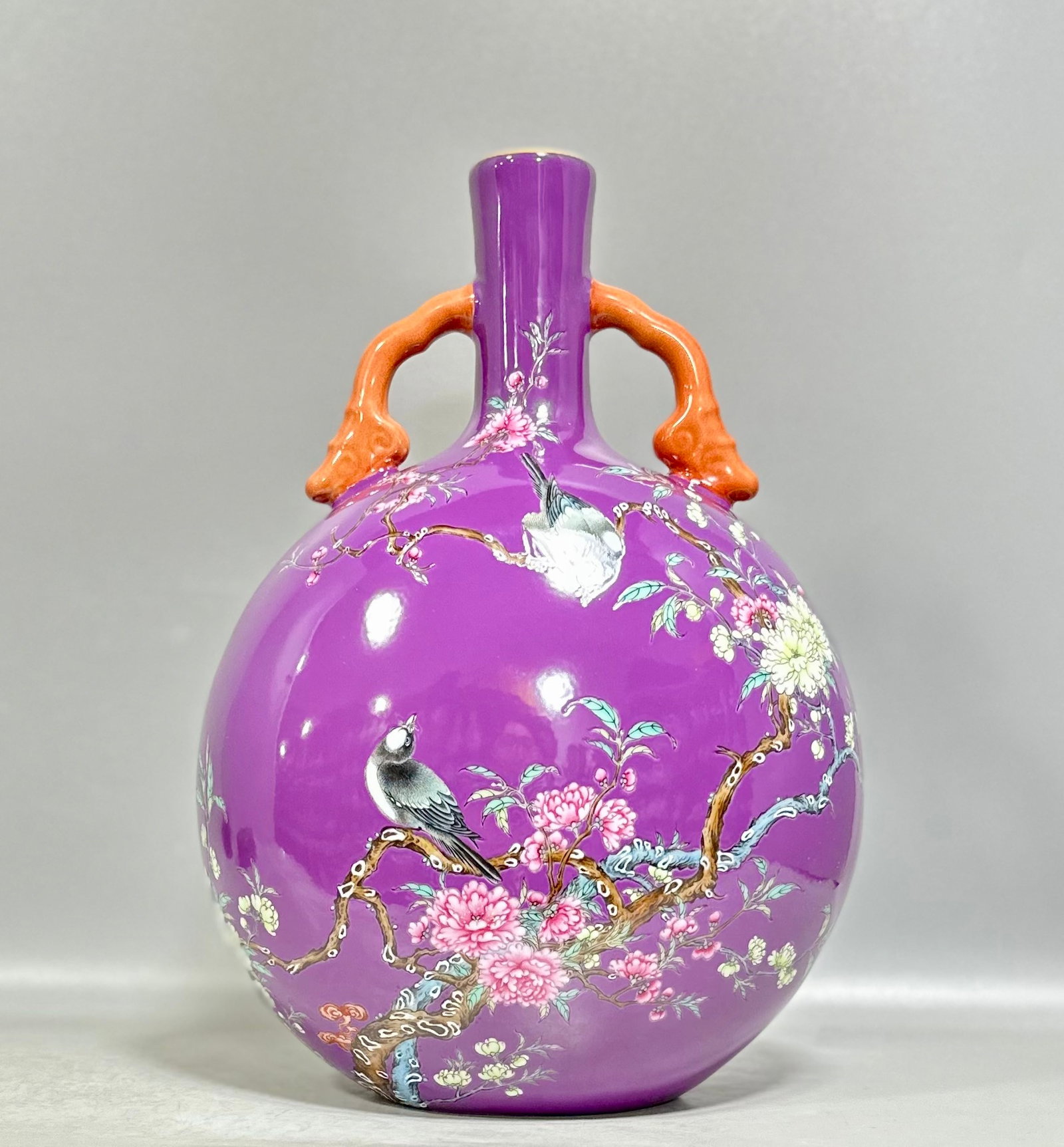 A Rare Purple Ground Enamel Flower and Bird Pattern Double-Ears Vase,with poem: A Rare Purple Ground Enamel Flower and Bird Pattern Double-Ears Vase,with poem,Qing Dynasty,China,Yongzheng Six-character Mark,Size:12inx8.9in