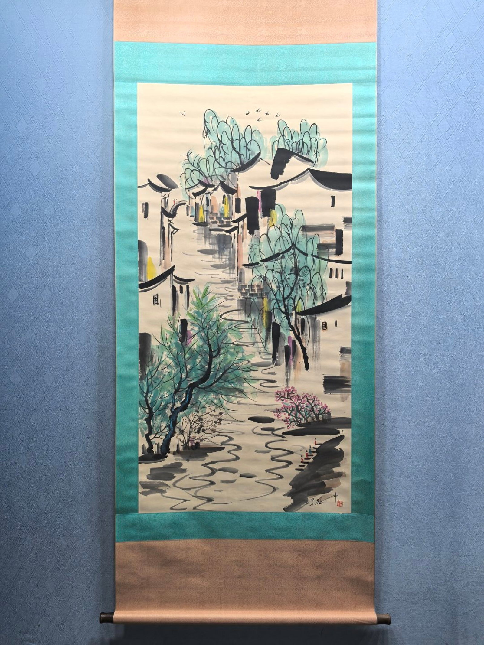 A Chinese Vertical Scroll Ink Painting of Landscape on Paper,Wu Guanzhong: A Chinese Vertical Scroll Ink Painting of Landscape on Paper,Wu Guanzhong,Size:(Without frame)26.8inx53.1in 一幅中国水墨山水画立轴,