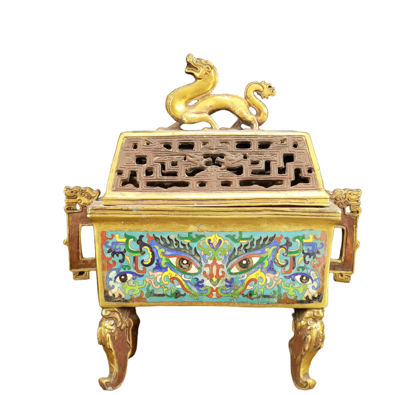 An Exquisite Cloisonne Beast-Face and Dragon Pattern Double-Ears and Four legs Censer: An Exquisite Cloisonne Beast-Face and Dragon Pattern Double-Ears and Four legs Censer,(A type of enamelware with metal wires separating colored glaze, originating in China),Ming Dynasty,China,Xuande F