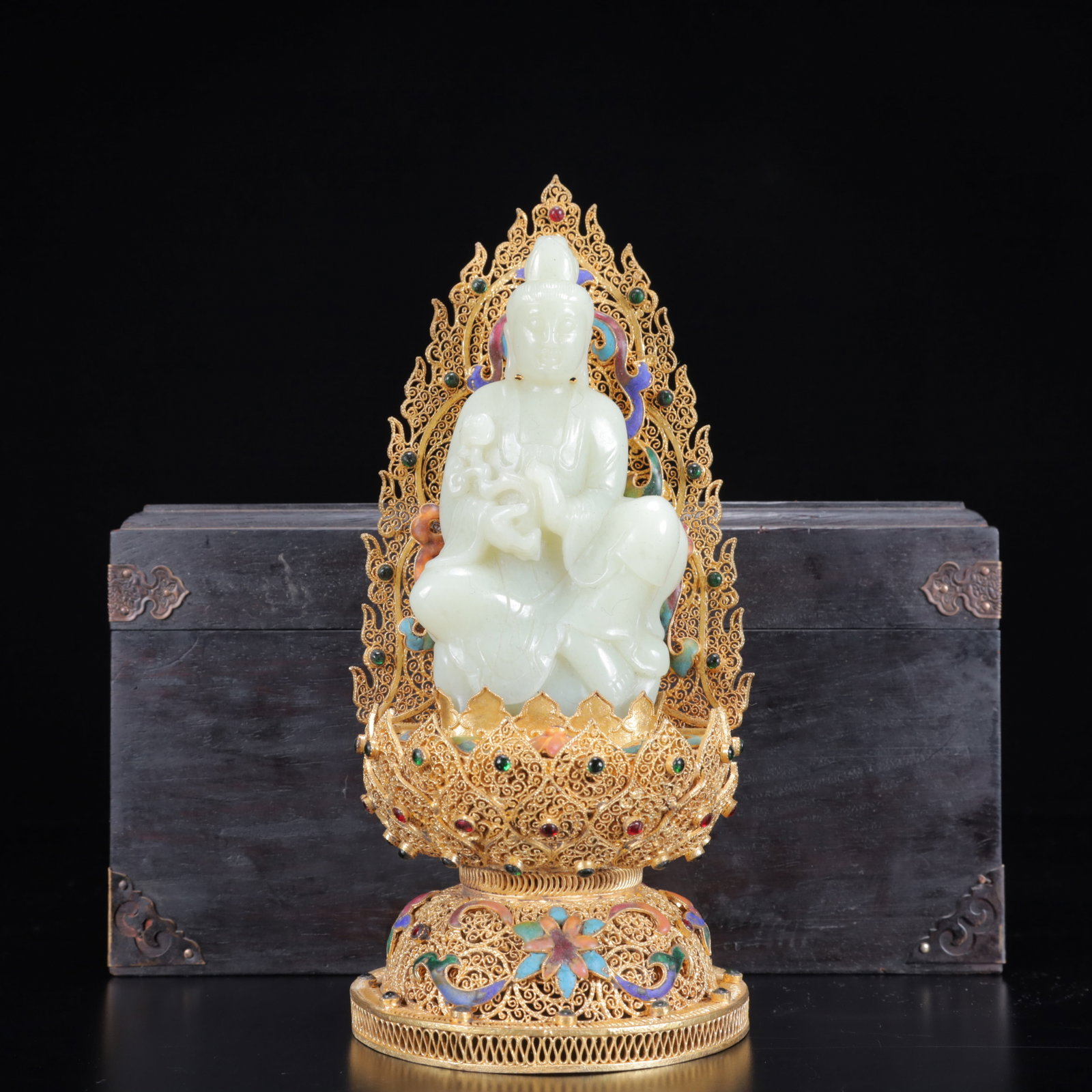 An Exquisite Filigree and Gilding Bronze Inlaid White Jade Statue of Avalokitesvara,Inlaid White (1 of 13)