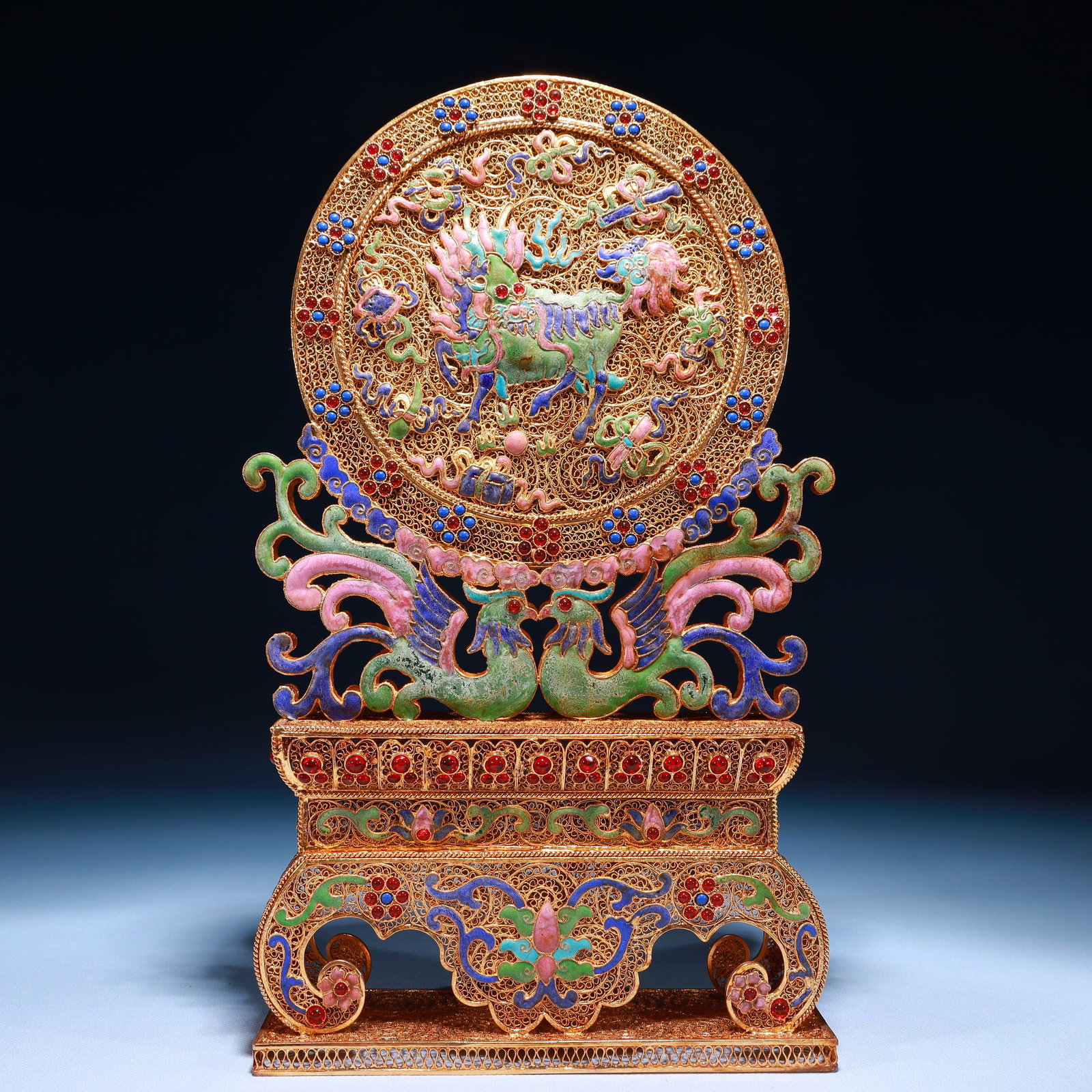 An Exquisite Filigree and Gilding Kylin Pattern Screen,Inlaid Gems: An Exquisite Filigree and Gilding Kylin Pattern Screen,Inlaid Gems,Qing Dynasty,China,Qianlong Four-character Mark,Size:7.9inx2.4inx14.2in,Weight:1300g