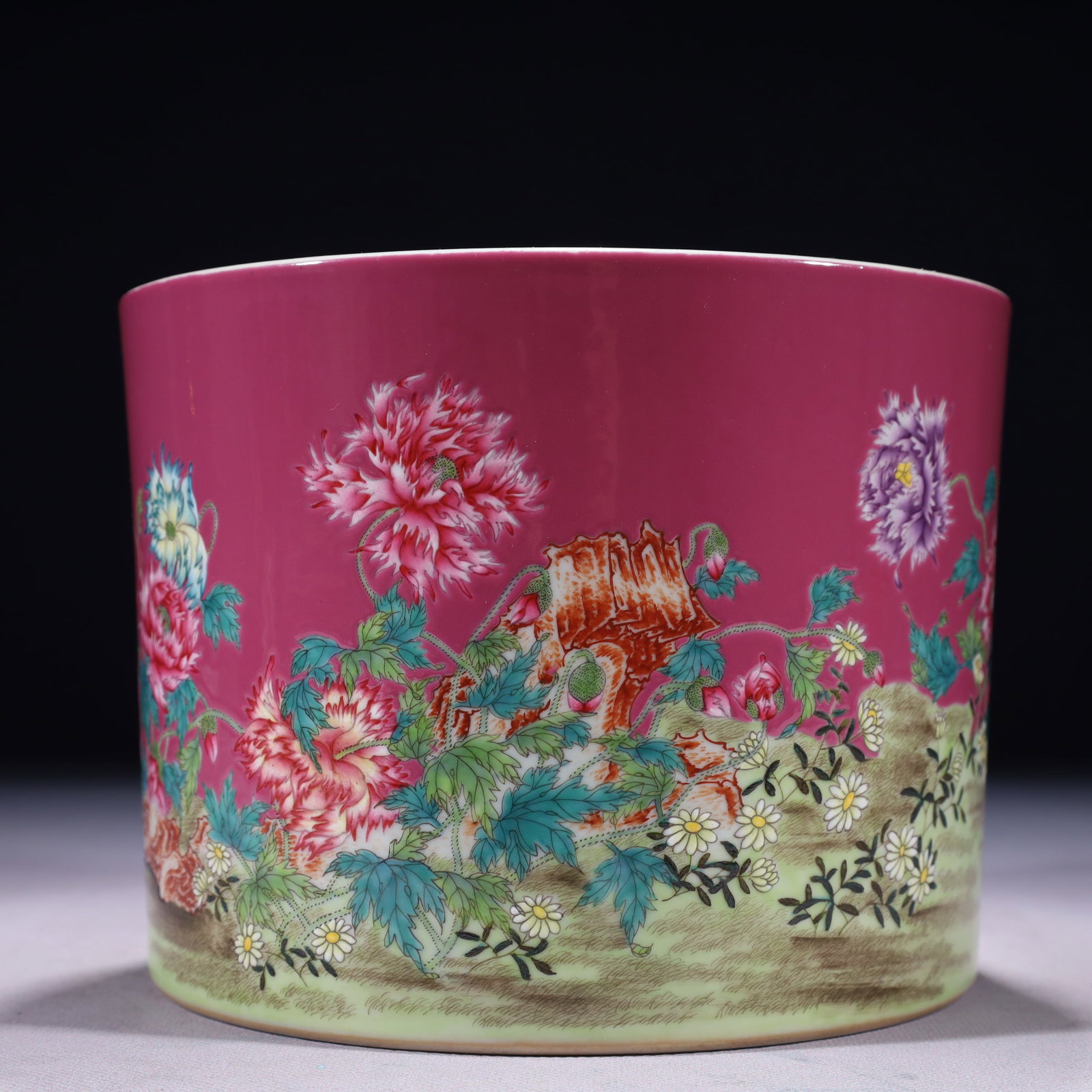 An Exquisite Purple Ground Famille-Rose Flower Pattern Brush Pot,with poem: An Exquisite Purple Ground Famille-Rose Flower Pattern Brush Pot,with poem