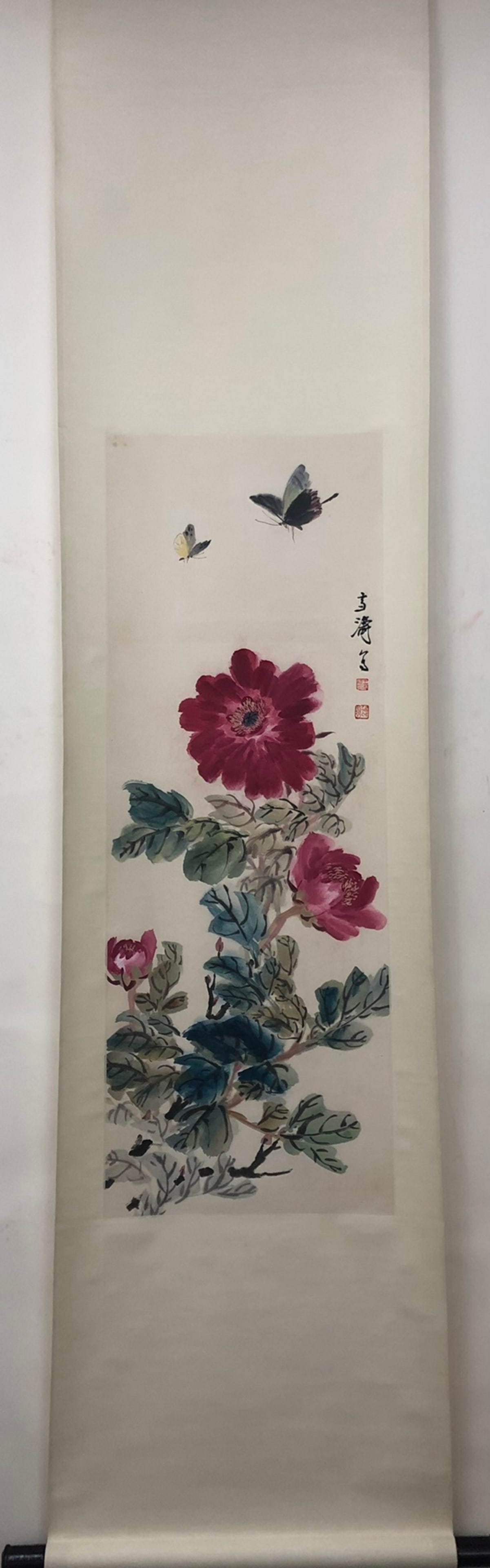 A Chinese Vertical Scroll Ink Painting of Flower and Butterfly on Paper: A Chinese Vertical Scroll Ink Painting of Flower and Butterfly on Paper,Wang Xuetao,Size:36.6inx13in