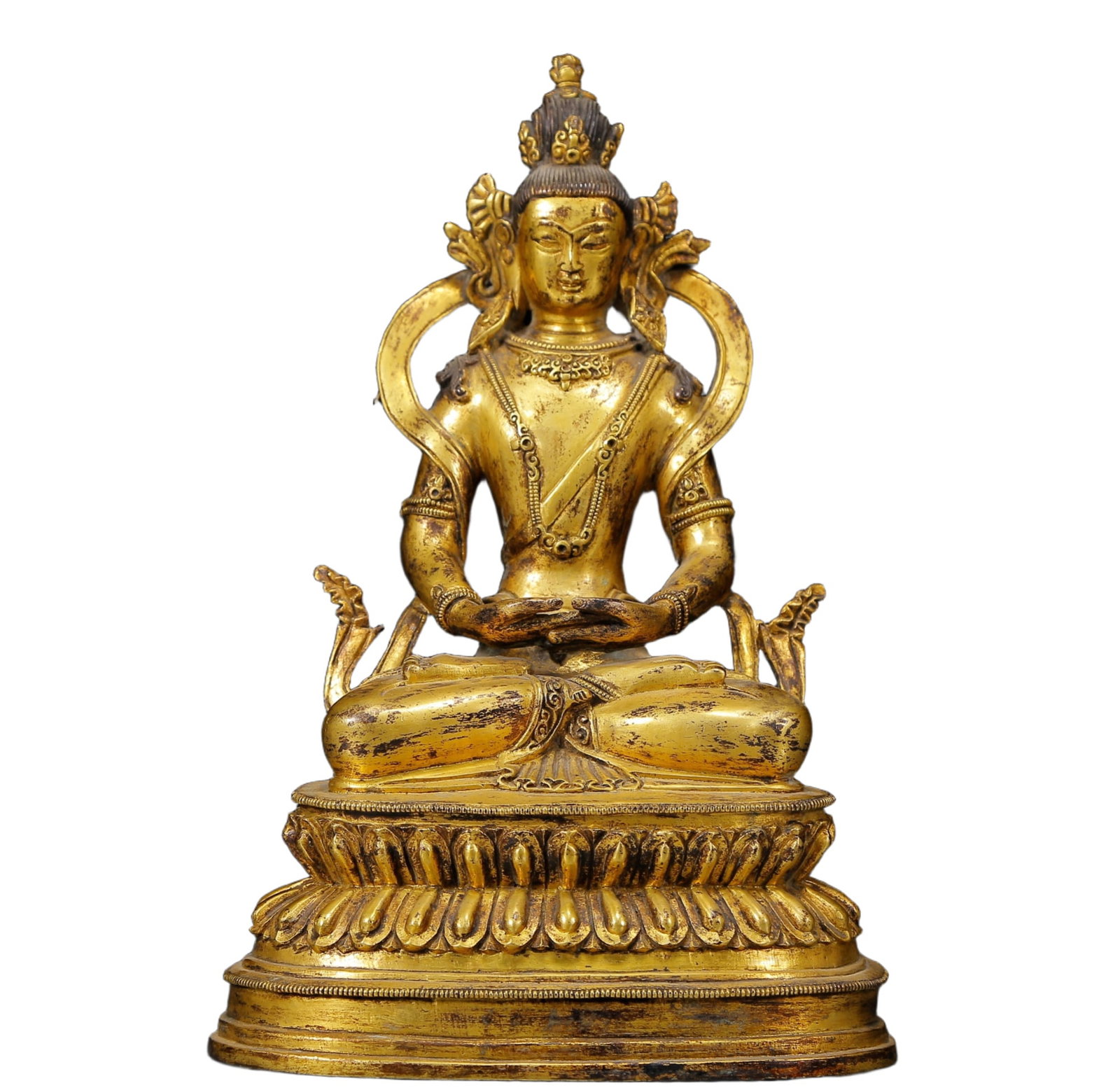 A Solemn Gilt Bronze Statue of Amitayus: A Solemn Gilt Bronze Statue of Amitayus,Ming Dynasty, China,Size:5.9inx3.9inx9.1in,Weight:2695g 铜鎏金无量寿佛像，明代