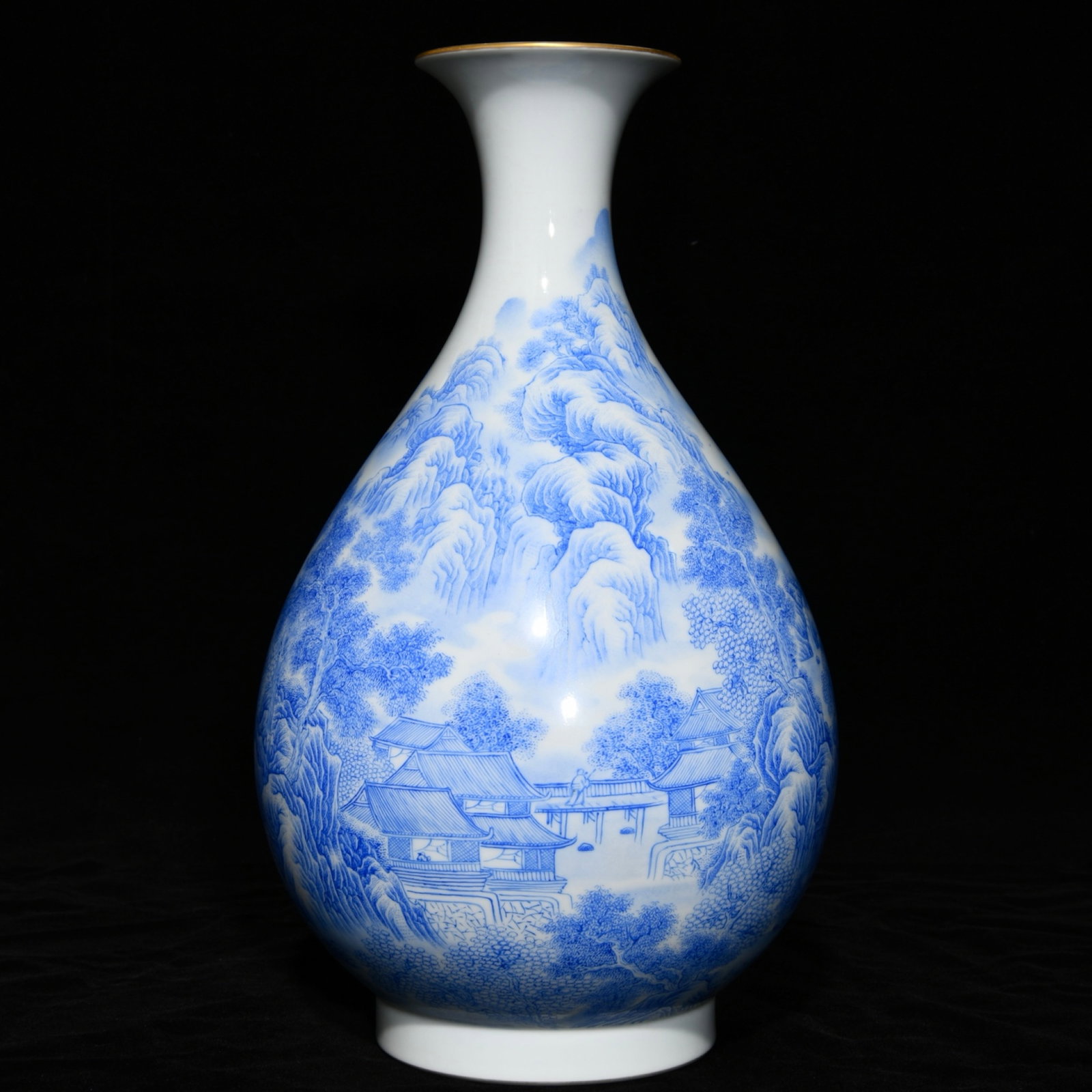A Rare Sapphire Blue Glazed Painted Gold Landscape and Figure Pattern Vase,with poem: A Rare Sapphire Blue Glazed Painted Gold Landscape and Figure Pattern Vase,with poem,Qing Dynasty,China,Yongzheng Six-character Mark,Size:13inx7.5in 宝石蓝釉描金