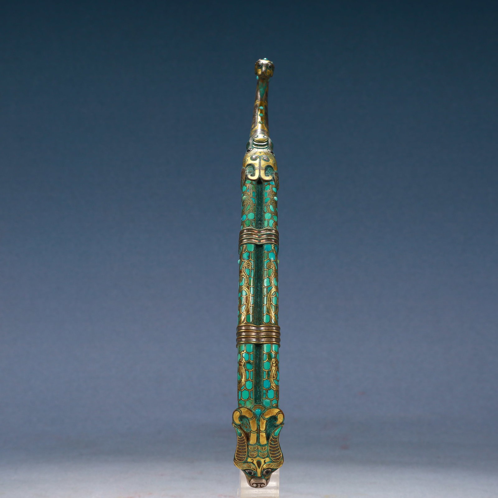An Archaic Bronze Inlaid Gold Beast-head Hook,Inlaid Turquoise,With Inscription: An Archaic Bronze Inlaid Gold Beast-head Hook,Inlaid Turquoise,With Inscription,Qing Dynasty, China,Size:9.8inx0.8inx1.6in,Weight:350g
