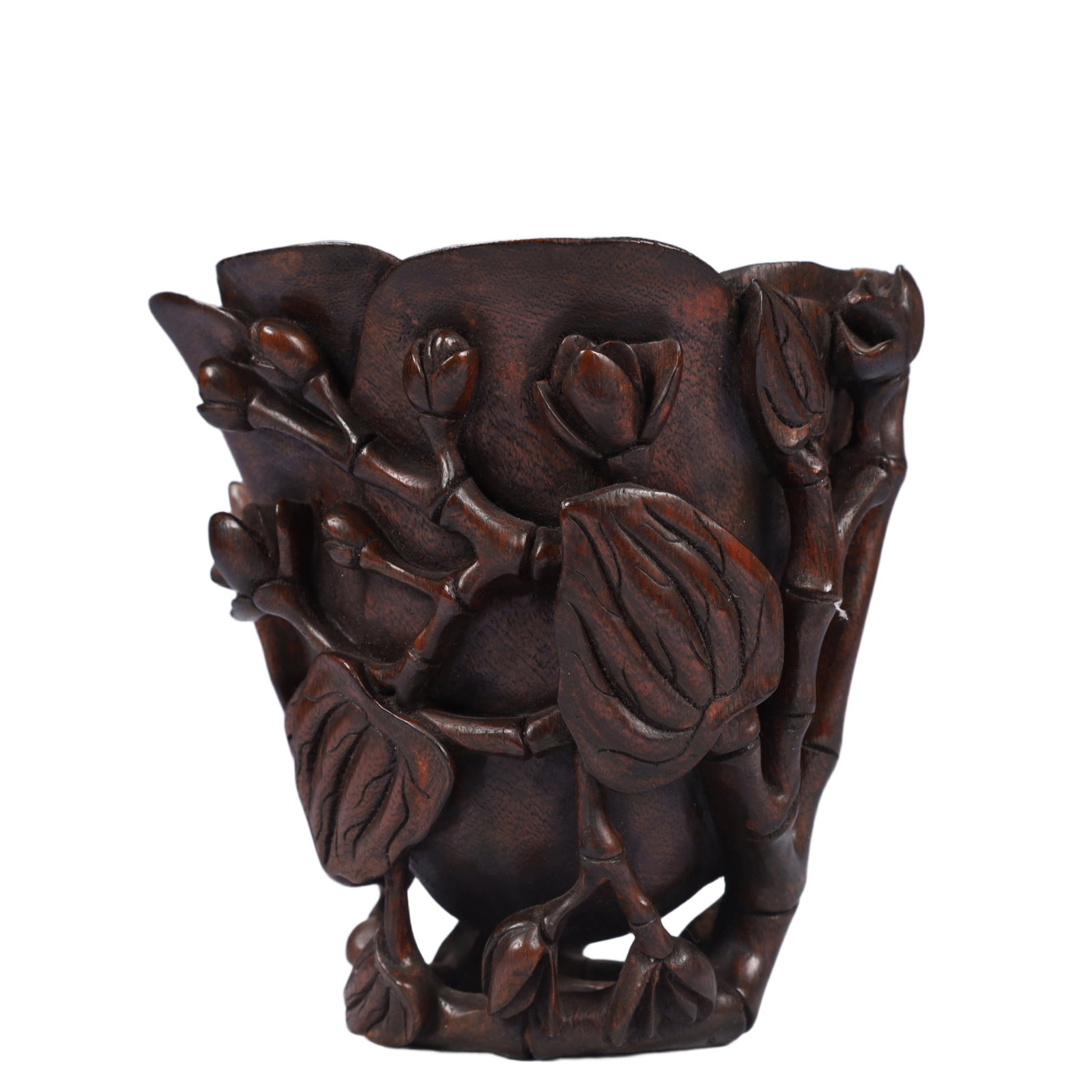An Exquisite Redwood Flower Pattern Cup: An Exquisite Redwood Flower Pattern Cup,Qing Dynasty, China,Size:5.1inx4.7inx5.1in,Weight:150g 沉香木花卉纹杯,中国清代