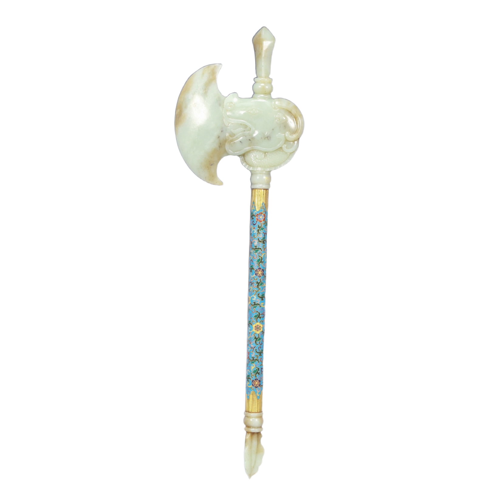 A Huge Cloisonne Lotus Pattern Axe Ornament: A Huge Cloisonne Lotus Pattern Axe Ornament,Qing Dynasty, China,Qianlong Four-character Mark,Size:5.5inx1.2inx19.3in,Weight:850g