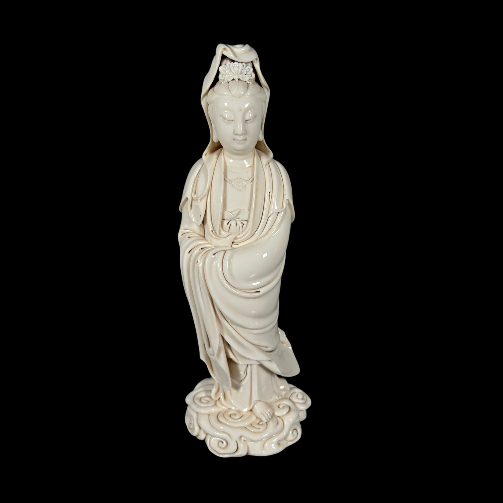 A Solemn Blance-De-Chine Statue of Avalokitesvara: A Solemn Blance-De-Chine Statue of Avalokitesvara,Ming Dynasty,China,He Chaozong Mark,Size:17.9in 德化瓷观音像,中国明代,何朝