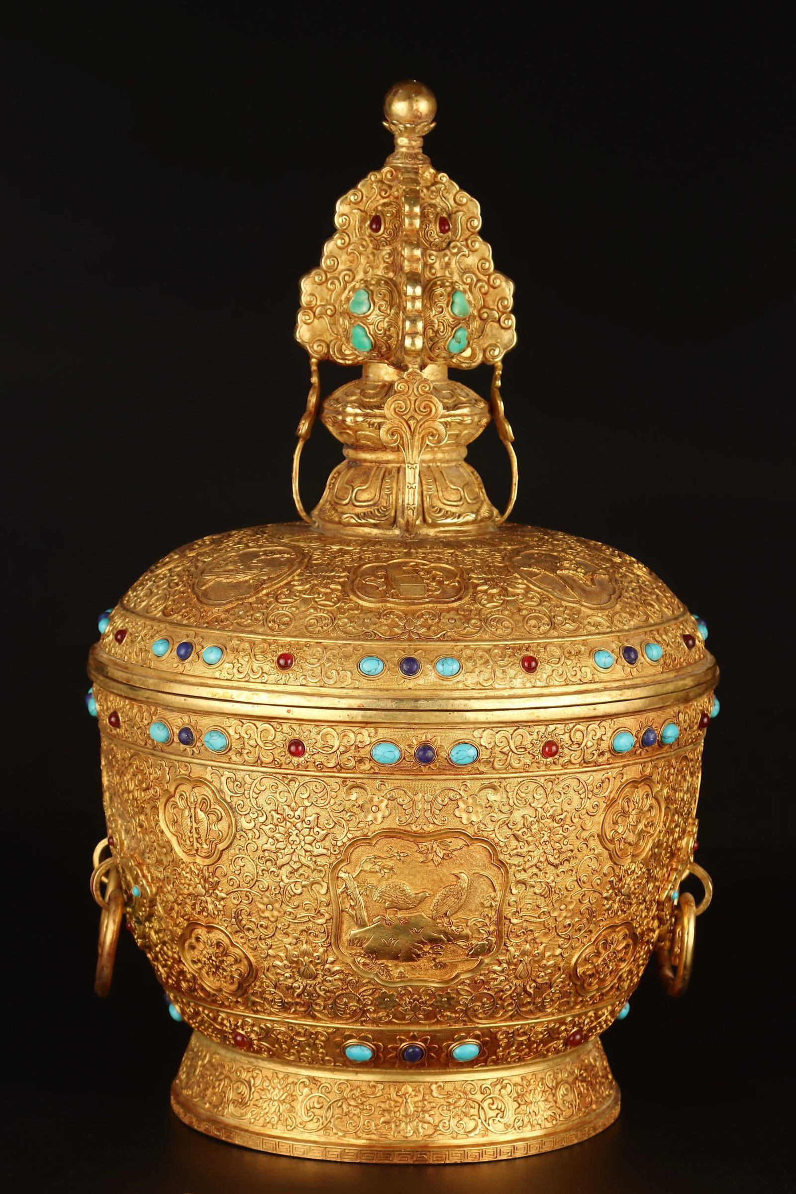 A Huge Gilt Bronze Flower and Bird Pattern Double-Ears Cover Bowl,Inlaid Turquoise: A Huge Gilt Bronze Flower and Bird Pattern Double-Ears Cover Bowl,Inlaid Turquoise,Qing Dynasty,China,Size:18.9inx11.4in,Weight:8766g 铜鎏金花鸟纹双耳&#