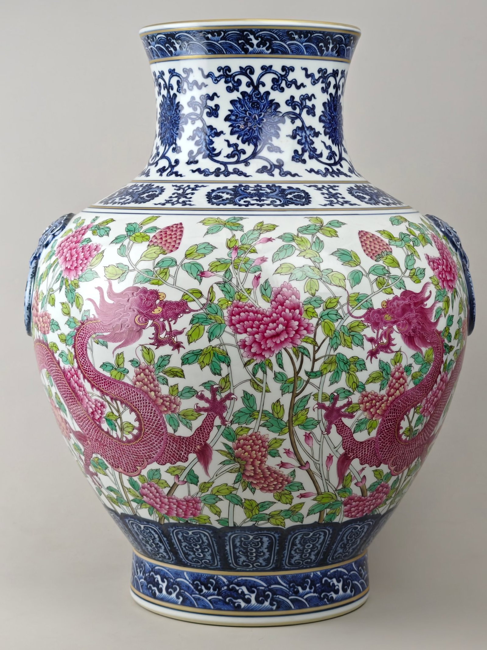 A Huge Blue and White Famille-Rose Flower and Dragon Pattern Beast-Ears Vase: A Huge Blue and White Famille-Rose Flower and Dragon Pattern Beast-Ears Vase,Qing Dynasty,China,Qianlong Six-character Mark,Size:20.5inx15.7in 青花粉彩花卉龙&