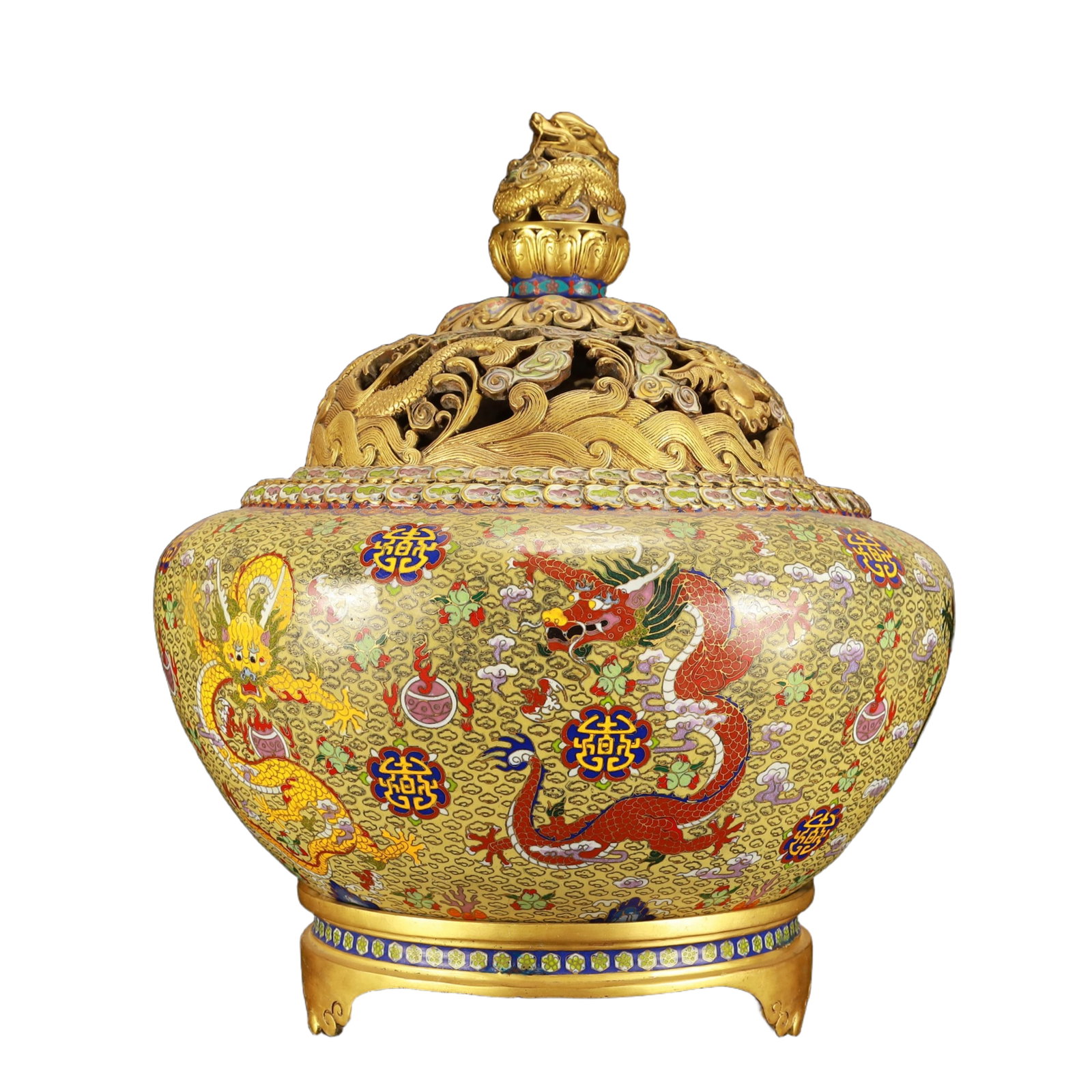 A Huge Cloisonne Dragon Pattern Tripod Censer: A Huge Cloisonne Dragon Pattern Tripod Censer,(A type of enamelware with metal wires separating colored glaze, originating in China),Qing Dynasty,China,Yongzheng Four-character Mark,Size:16.1inx16.1in