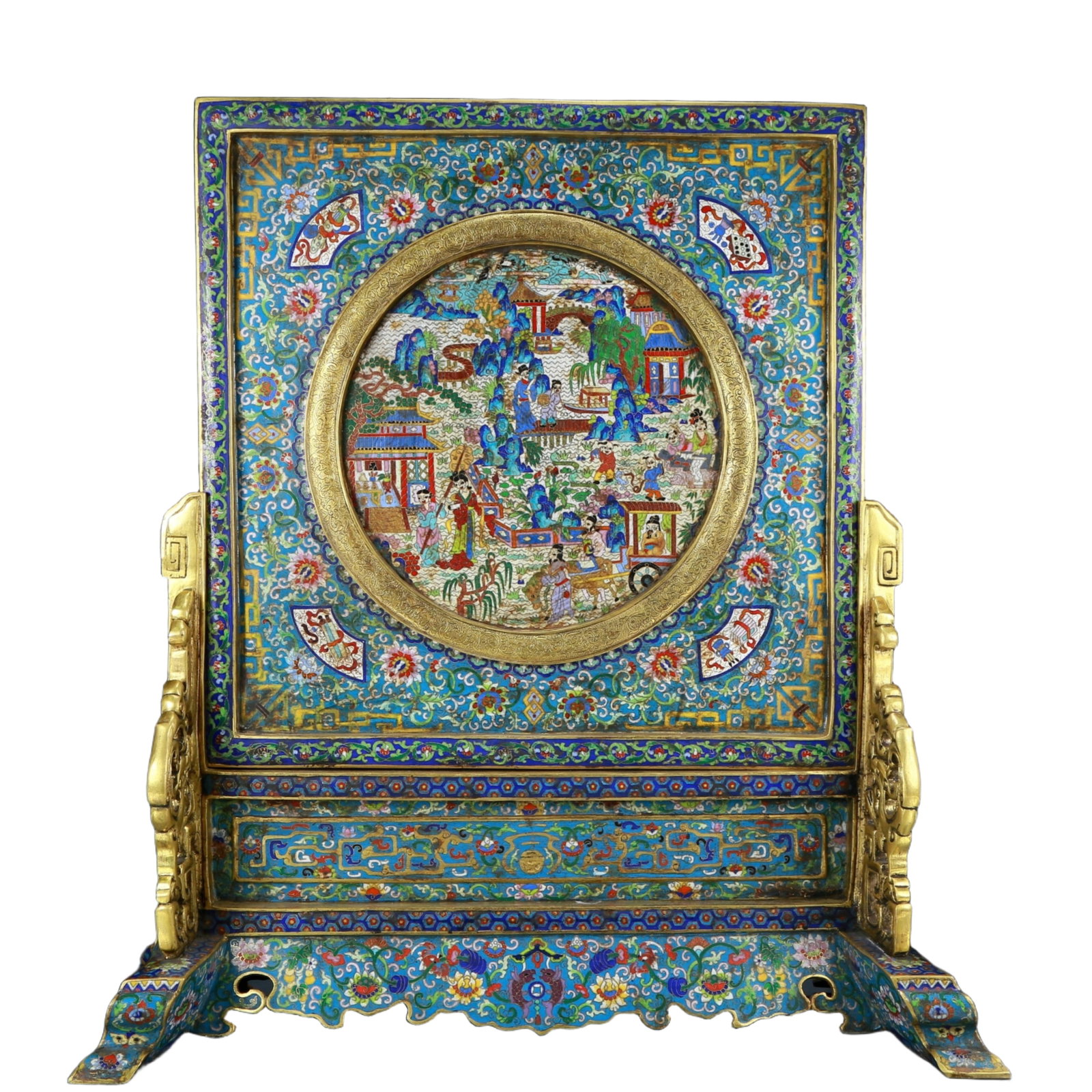 A rare cloisonn?? 'landscape and figures' table screen: A precious cloisonné table screen with landscape and figure patterns. The application of filigree technology makes the decoration of this collection more refined and three-dimensional. This