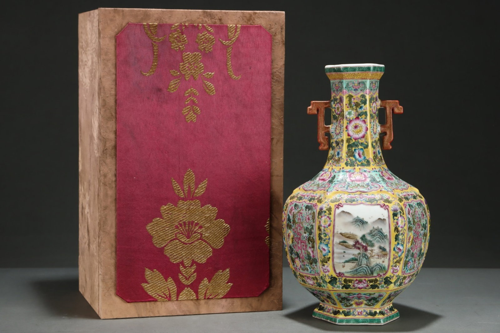 A Rare Yellow Ground Enamel Landscape Pattern Double-Ears Vase: A Rare Yellow Ground Enamel Landscape Pattern Double-Ears Vase,Qing Dynasty,China,Qianlong Four-character Mark,Size:13.5inx8in