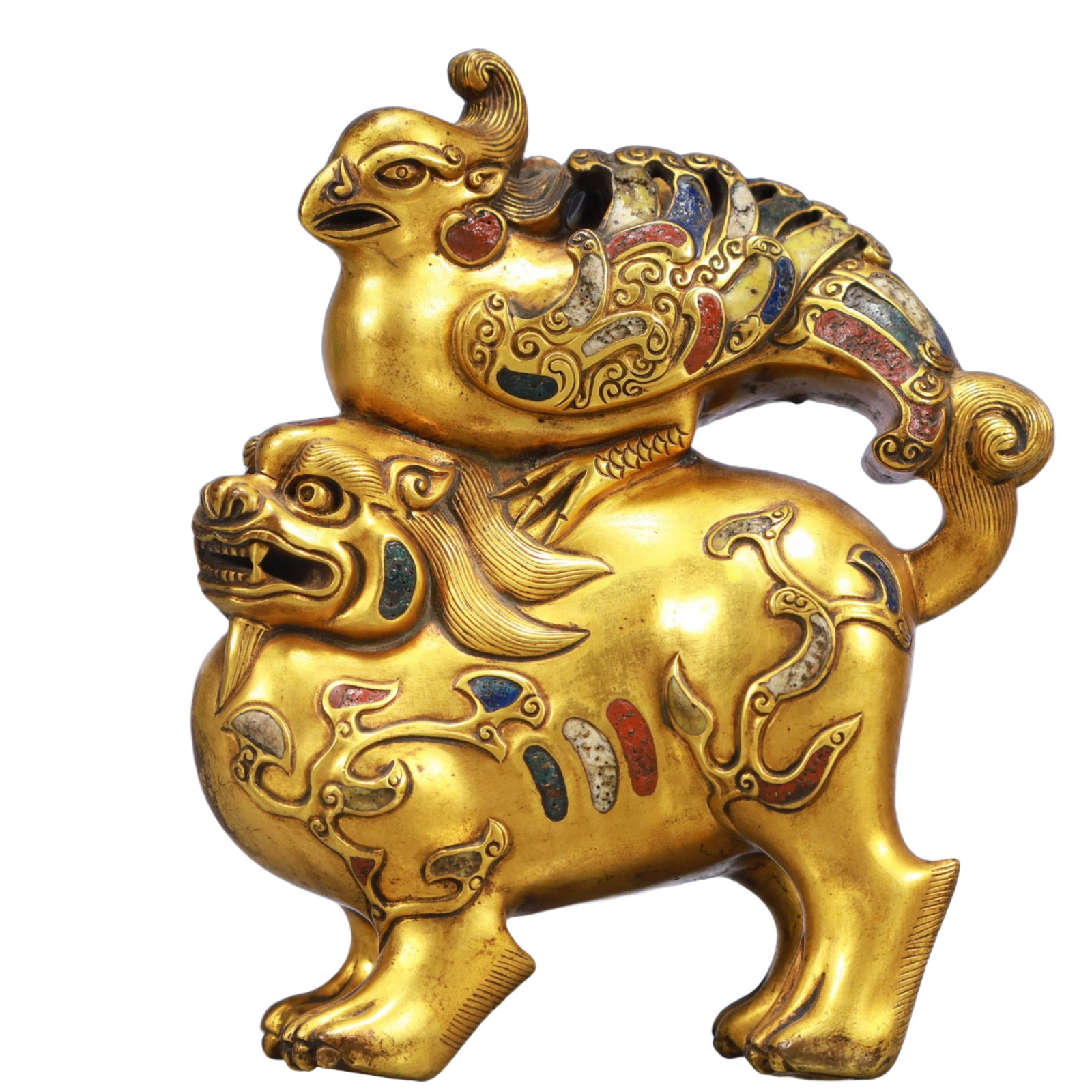 An Exquisite Gilt Bronze Painted Color Phoenix and Lion Ornament: An Exquisite Gilt Bronze Painted Color Phoenix and Lion Ornament,Qing Dynasty, China,Qianlong Four-character Mark,Size:5.5inx2.4inx6.3in,Weight:1950g