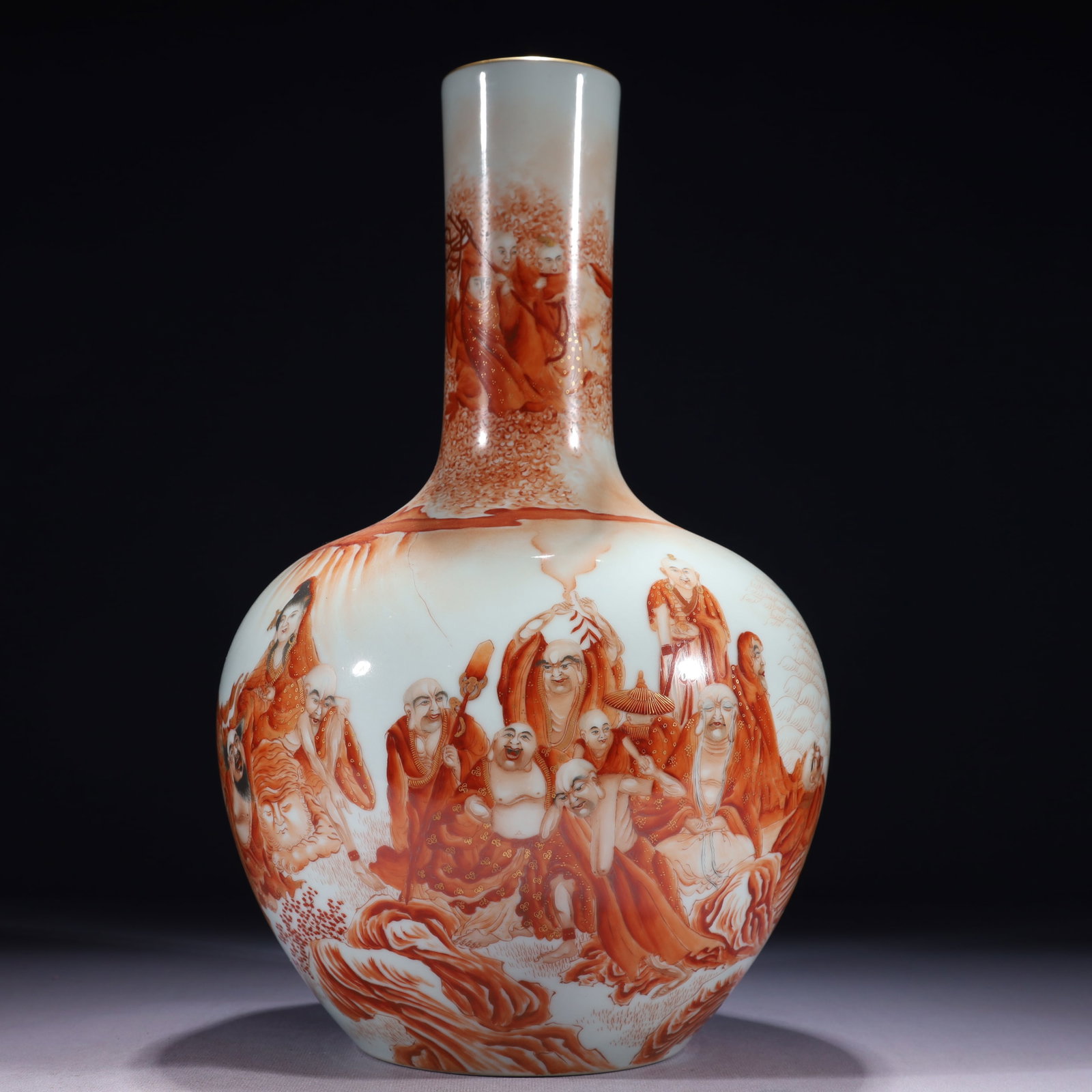An Exquisite Iron-Red Painted Gold Character and Story Pattern Vase: An Exquisite Iron-Red Painted Gold Character and Story Pattern Vase,Qing Dynasty,China,Qianlong Six-character Mark,Size:8.3inx15.4in,Weight:3500g 矾红描金人物ਠ