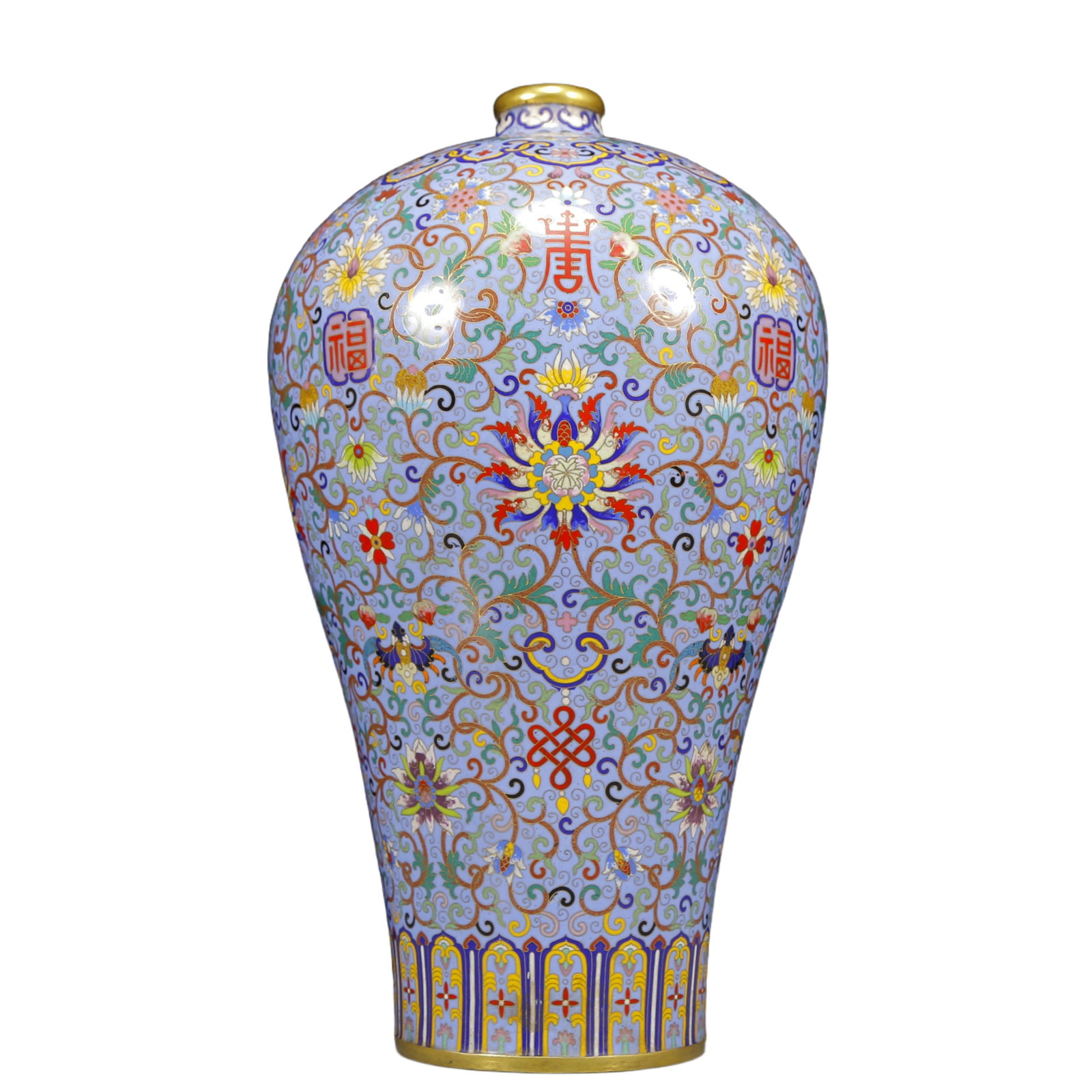 A Huge Cloisonne Lotus and Bats and Peach Pattern Vase: A Huge Cloisonne Lotus and Bats and Peach Pattern Vase,Qing Dynasty, China,Qianlong Four-character Mark,Size:9.1inx16.5in,Weight:7475g 景泰蓝缠枝莲福寿&