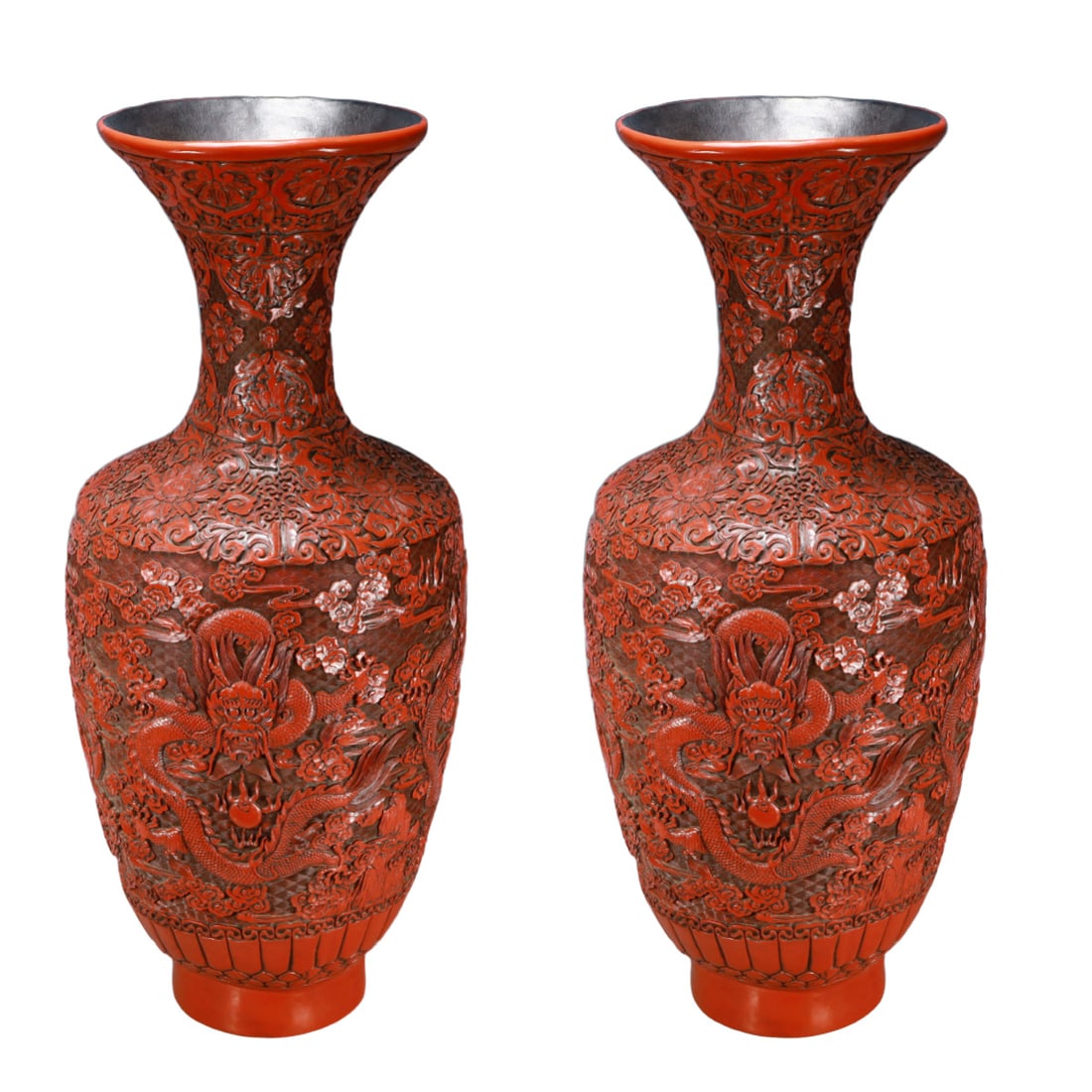 A Pair of Huge Carved Red Lacquer Auspicious Cloud and Dragon Pattern Vases (1 of 17)