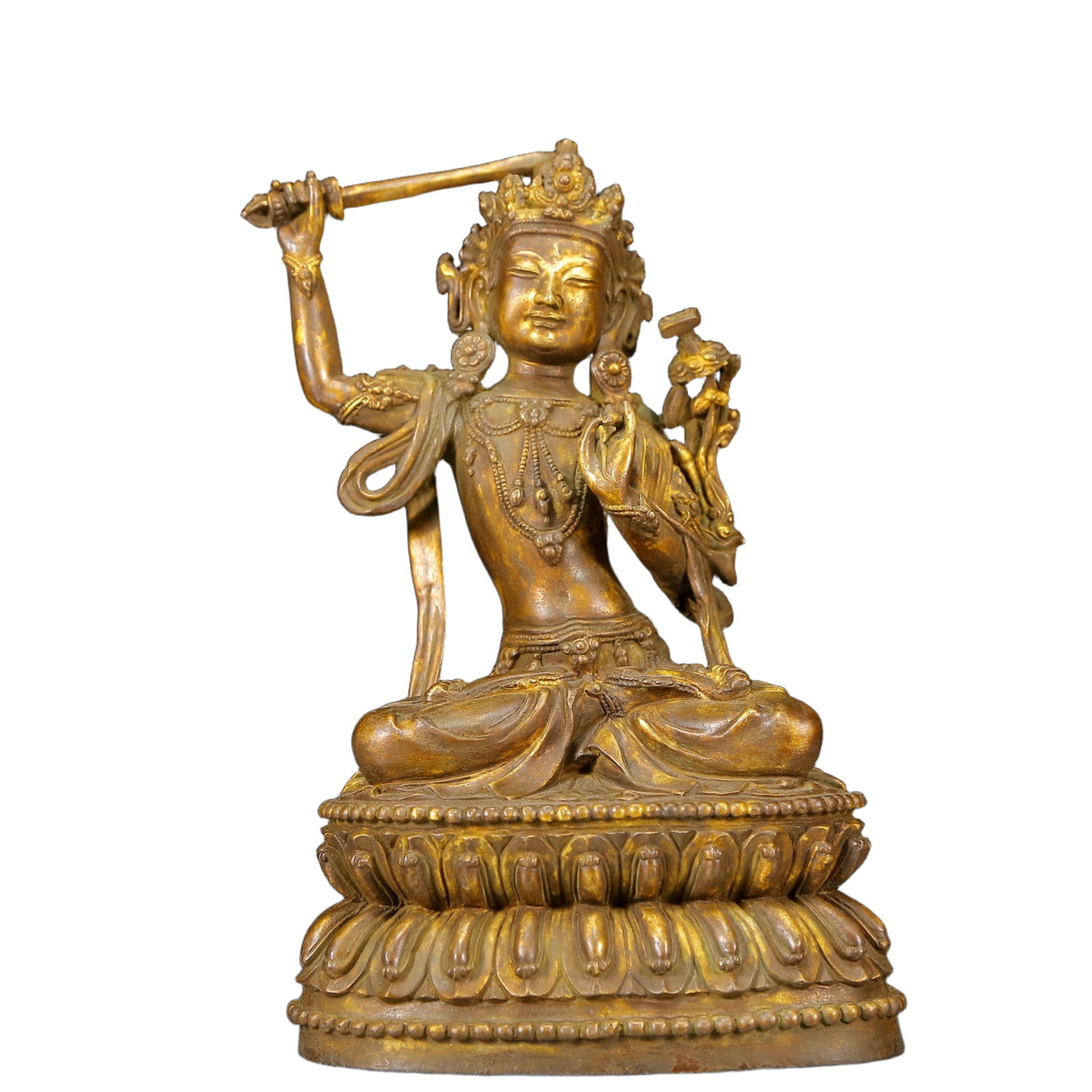A Solemn Gilt Bronze Statue of Manjusri: A Solemn Gilt Bronze Statue of Manjusri,Ming Dynasty, China,Size:6.3inx4.7inx10.2in,Weight:3495g 铜鎏金文殊菩萨像，明代