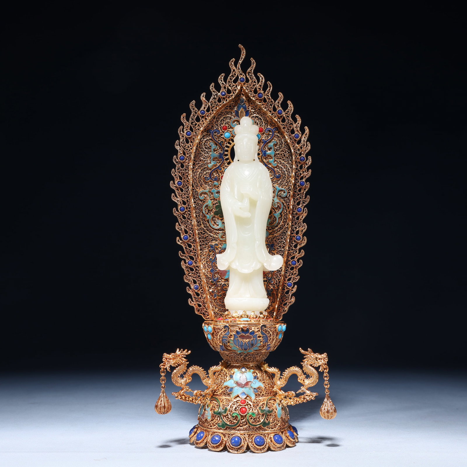 An Exquisite Filigree and Gilding Inlaid White Jade Buddha Statue, Inlaid Gems: An Exquisite Filigree and Gilding Inlaid White Jade Buddha Statue, Inlaid Gems, Qing Dynasty,China, Qianlong Four-character Mark, Size:5.1inx13in,Weight:700g