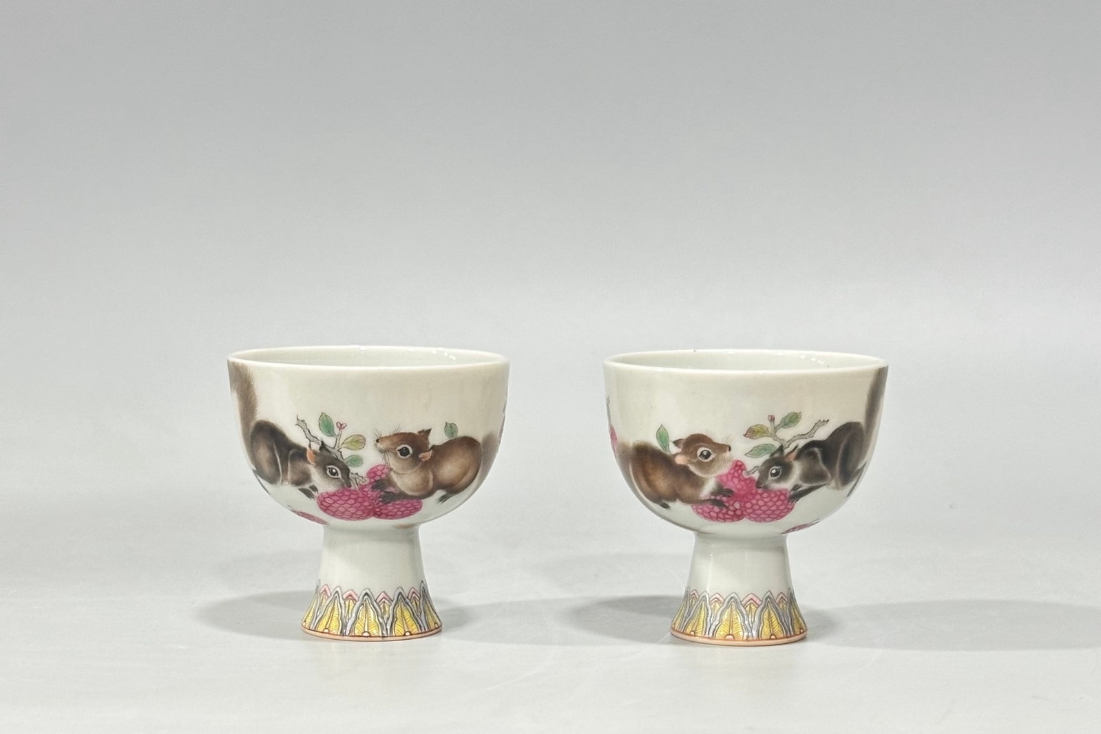 A Pair of Exquisite Enamel Squirrel Pattern Stem Cups,with poem: A Pair of Exquisite Enamel Squirrel Pattern Stem Cups,with poem,Qing Dynasty,China,Yongzheng Six-character Mark,Size:2inx2in