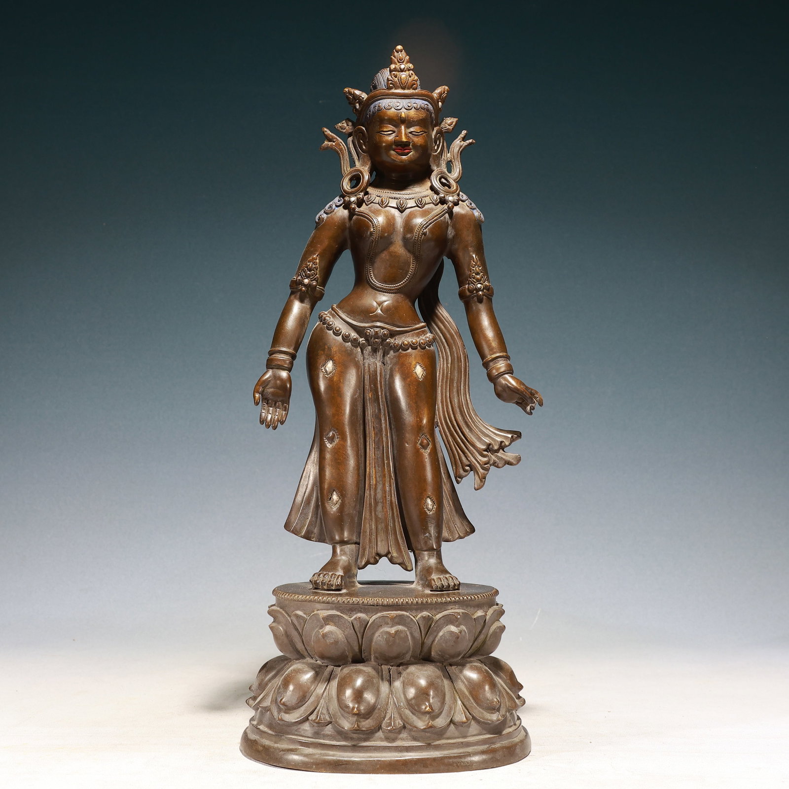 A Solemn Bronze Inlaid Silver Buddha Statue: A Solemn Bronze Inlaid Silver Buddha Statue,Qing Dynasty,China,Size:7.9inx5.1inx20.5in,Weight:8000g 铜嵌银佛像,中国清代