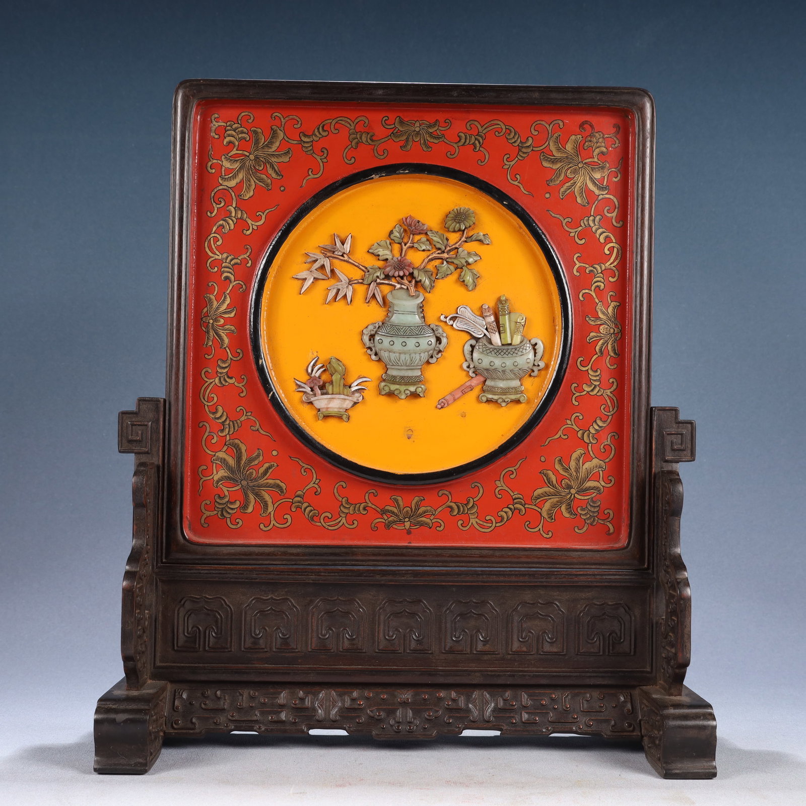 A Huge Zitanwood Inlaid Lacquerware Landscape and Flower Pattern Table Screen,Inlaid Gems: A Huge Zitanwood Inlaid Lacquerware Landscape and Flower Pattern Table Screen,Inlaid Gems,Qing Dynasty, China,Size:13.6inx6.1inx16.1in,Weight:1600g 紫檀木镶漆器