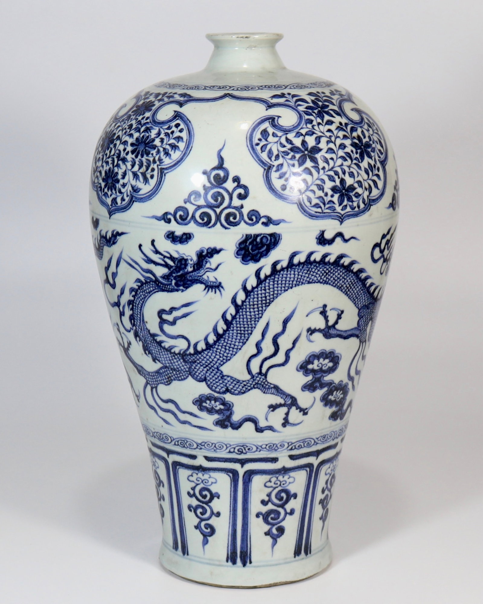 A fine blue and white meiping vase with dragon through clouds pattern: A fine Yuan dynasty blue and white meiping vase with dragon through clouds pattern, Yuan Dynasty, China, Size:16.9in