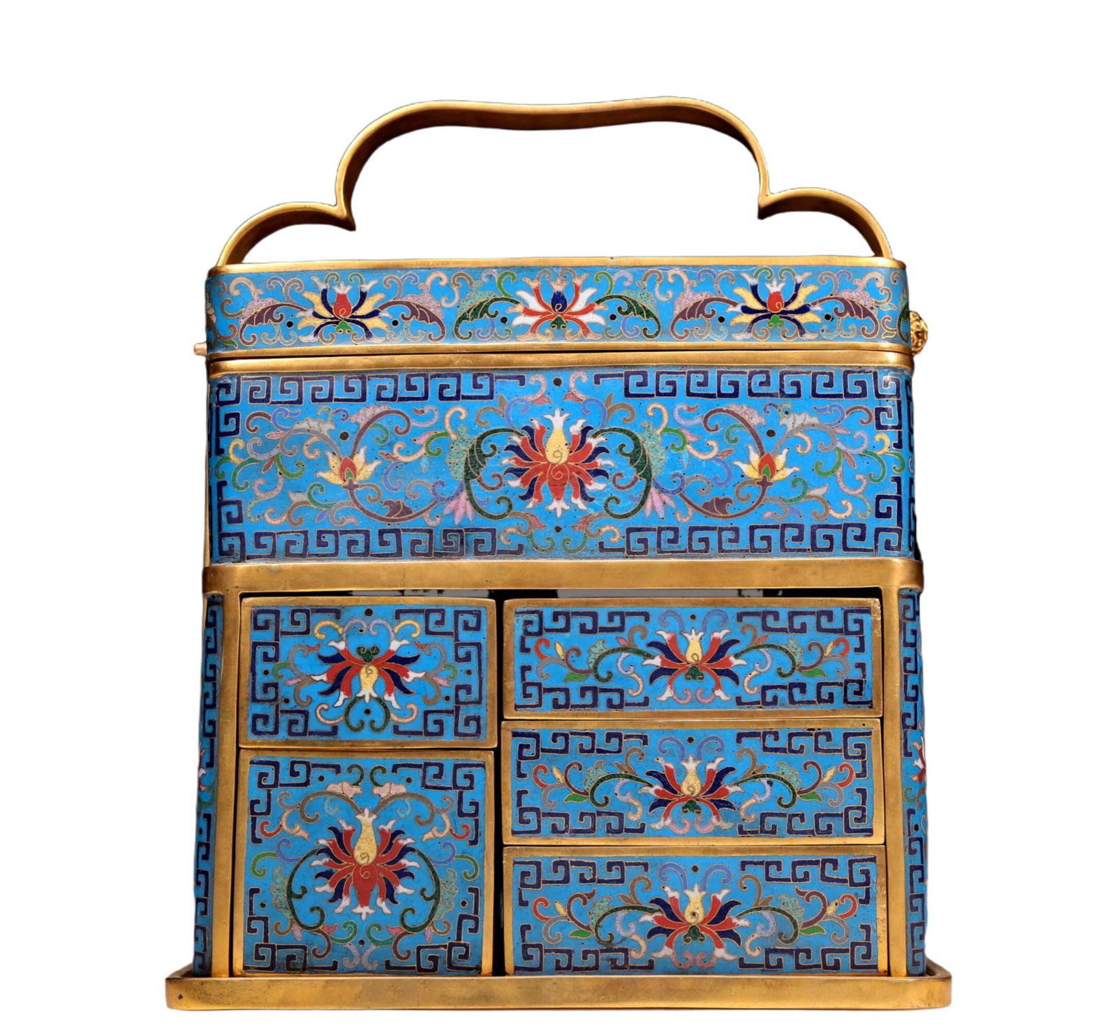 An Exquisite Cloisonne 'Figure& Scrolling Lotus' Box With An Overhead Handle: An Exquisite Cloisonne 'Figure& Scrolling Lotus' Box With An Overhead Handle. Enamaled with polychrome patterns, all reserved on a bright turquoise ground. Chinese Qing Dynasty. Qianlong Six-Character