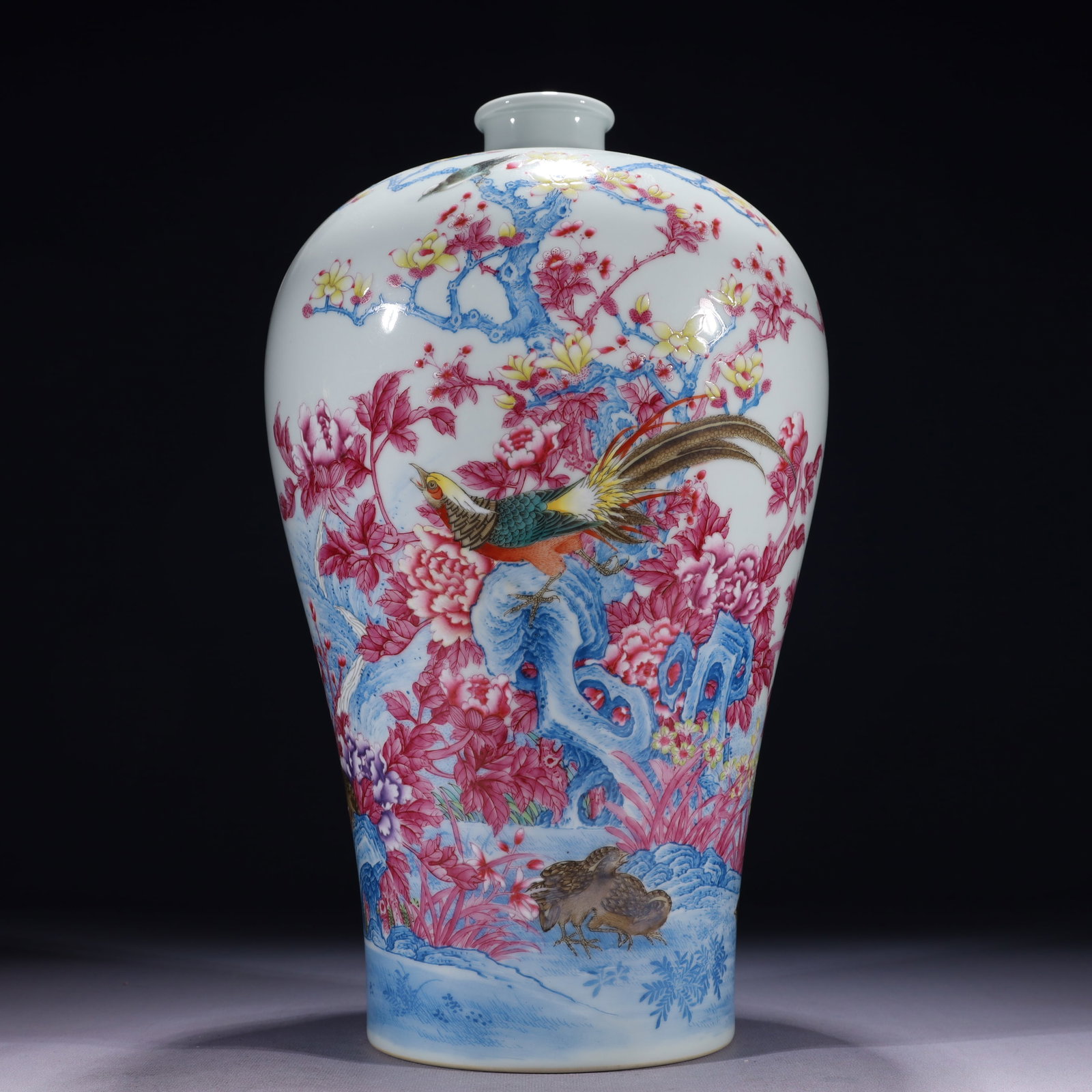 An Exquisite Ruby Red-Glazed Flower and Rooster Pattern Vase,with poem: An Exquisite Ruby Red-Glazed Flower and Rooster Pattern Vase,with poem,Qing Dynasty,China,Yongzheng Six-character Mark,Size:8.3inx15.4in,Weight:3750g