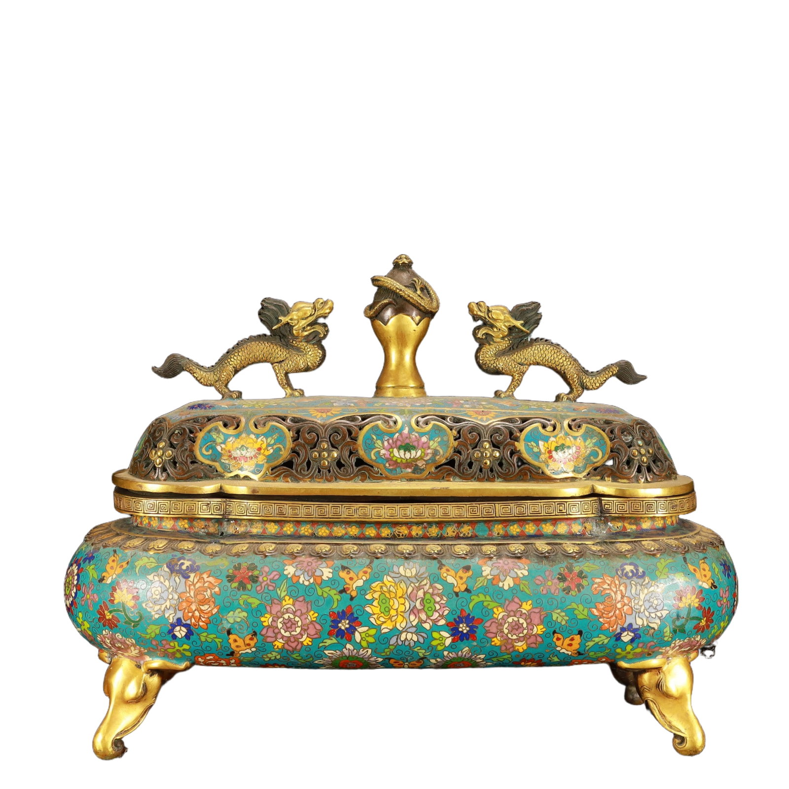 A Huge Cloisonne Flower and Butterfly Pattern Dragon-Ears Elephant-Legs Censer: A Huge Cloisonne Flower and Butterfly Pattern Dragon-Ears Elephant-Legs Censer,(A type of enamelware with metal wires separating colored glaze, originating in China),Ming Dynasty,China,Xuande