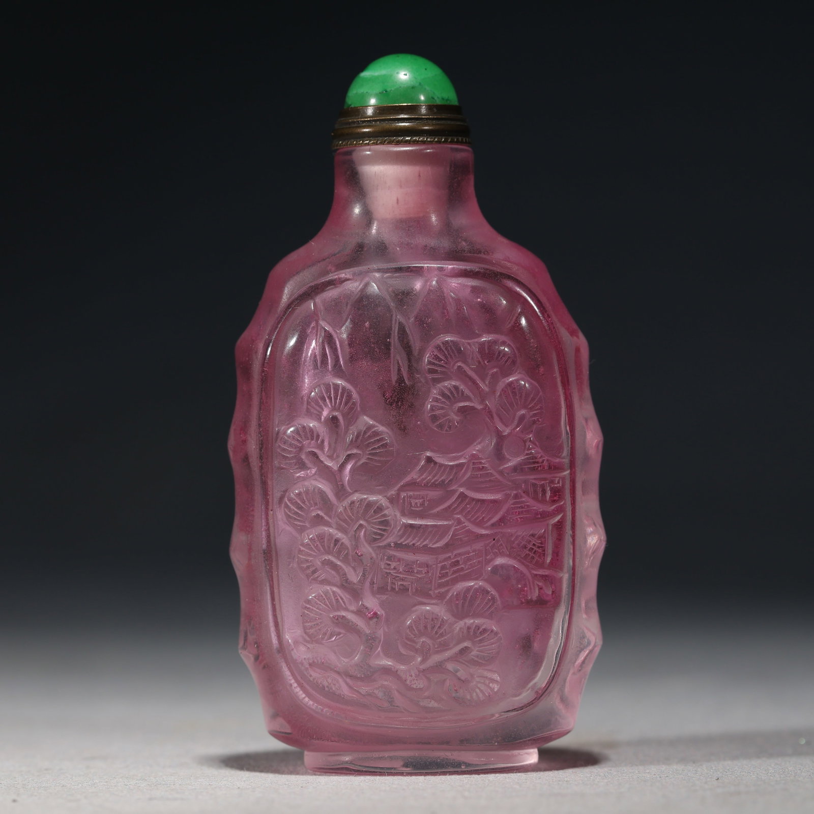 An Exquisite Pink Glass Landscape Pavilion Pattern Snuff Bottle: An Exquisite Pink Glass Landscape Pavilion Pattern Snuff Bottle,Qing Dynasty, China,Qianlong Four-character Mark,Size:1.6in×0.8in×3.1in 粉色琉璃山水ઌ