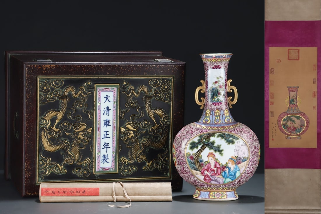 A Huge Falangcai enamel with sgraffiato flattened vase decorated with reserved panels of Western: A Huge Falangcai enamel with sgraffiato flattened vase decorated with reserved panels of Western figures, gilt decoration, twin handles, with a silk painting hanging scroll,Qing Dynasty, China, Yongzh