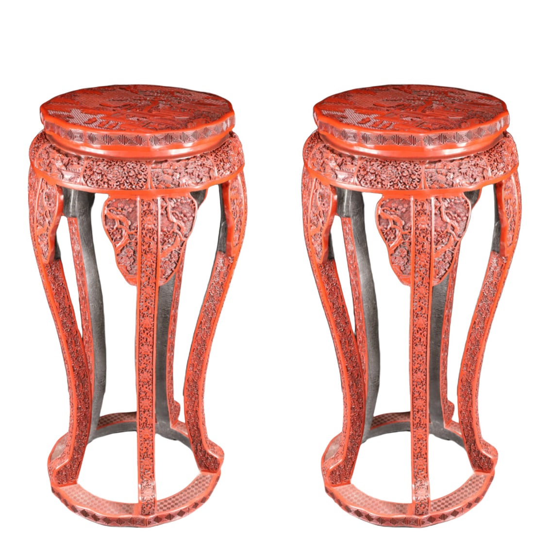 A Pair of Huge Carved Red Lacquer Landscape and Figure Pattern Stools (1 of 17)
