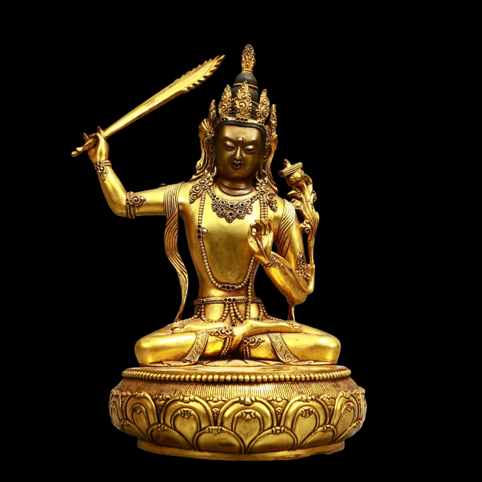 A Solemn Gilt Bronze Statue of Manjusri: A Solemn Gilt Bronze Statue of Manjusri,Qing Dynasty, China,Qianlong Mark,Size:7.9inx12.6in,Weight:6000g